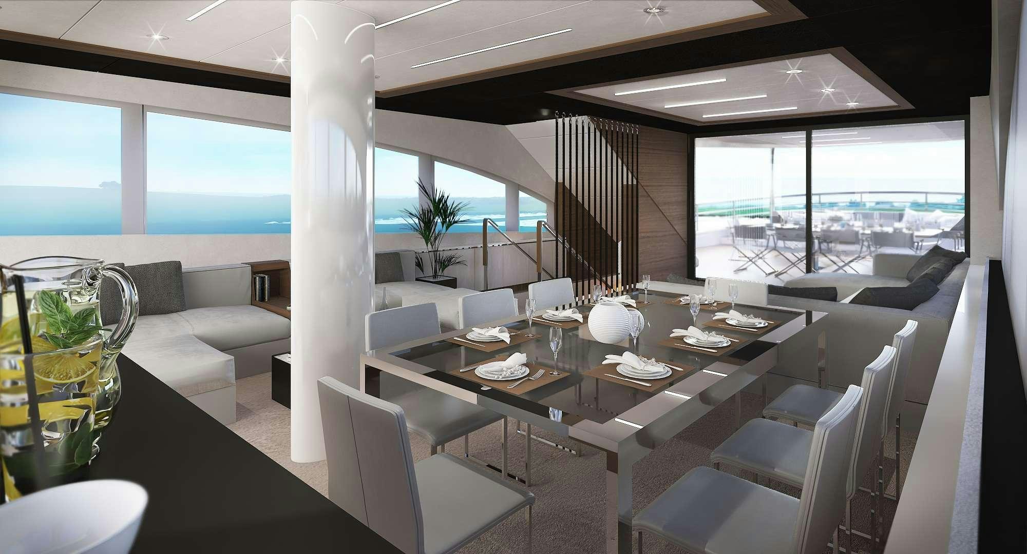 a room with a table chairs and a large window aboard ACAPELLA Yacht for Charter
