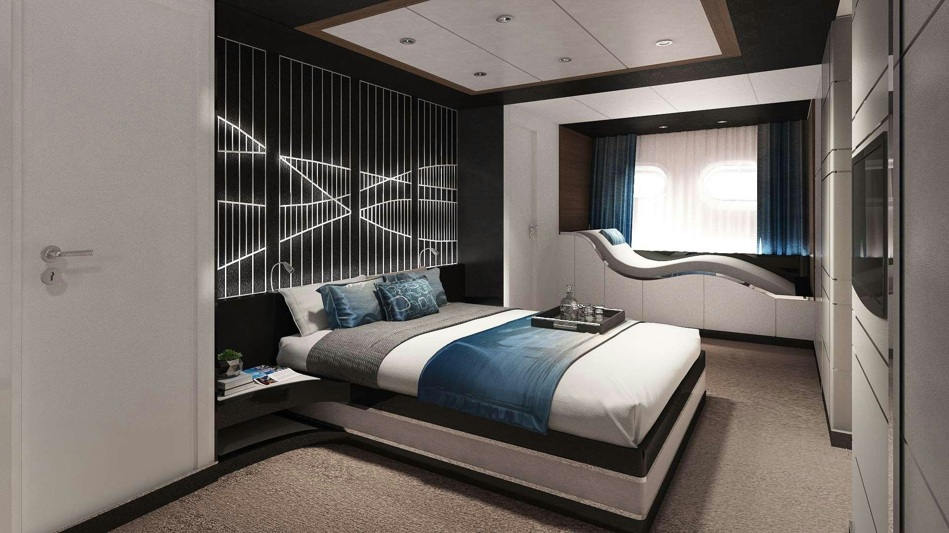 a bedroom with a bed and a window aboard ACAPELLA Yacht for Charter