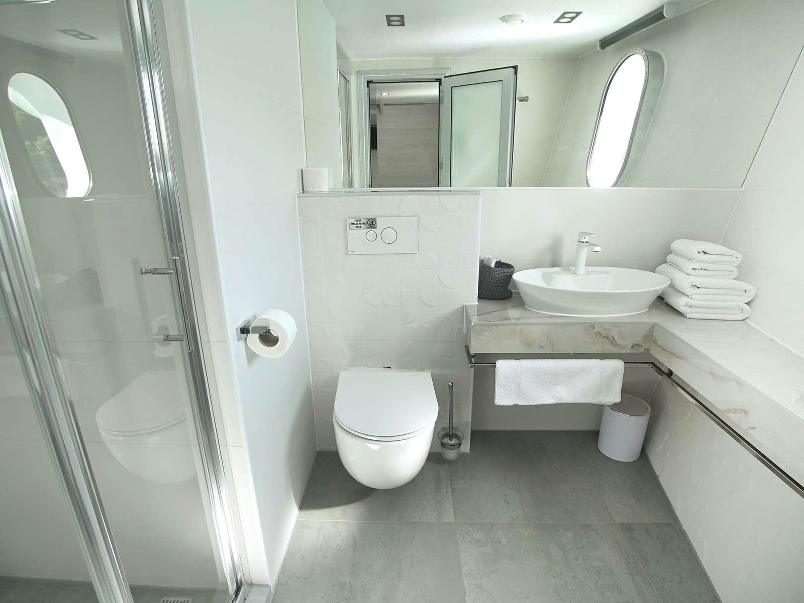 a bathroom with a sink toilet and a mirror aboard YOLO Yacht for Charter