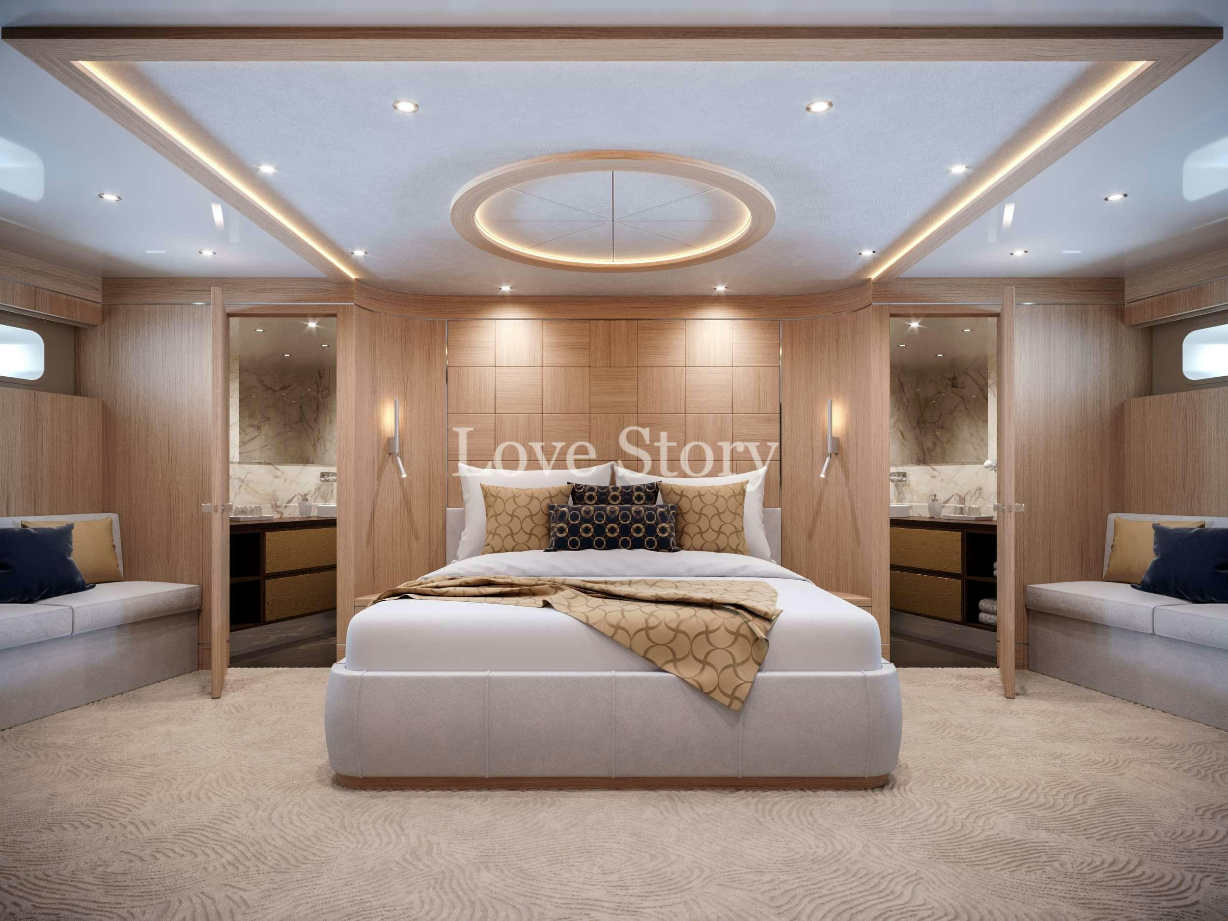 a large bed in a room aboard LOVE STORY Yacht for Charter