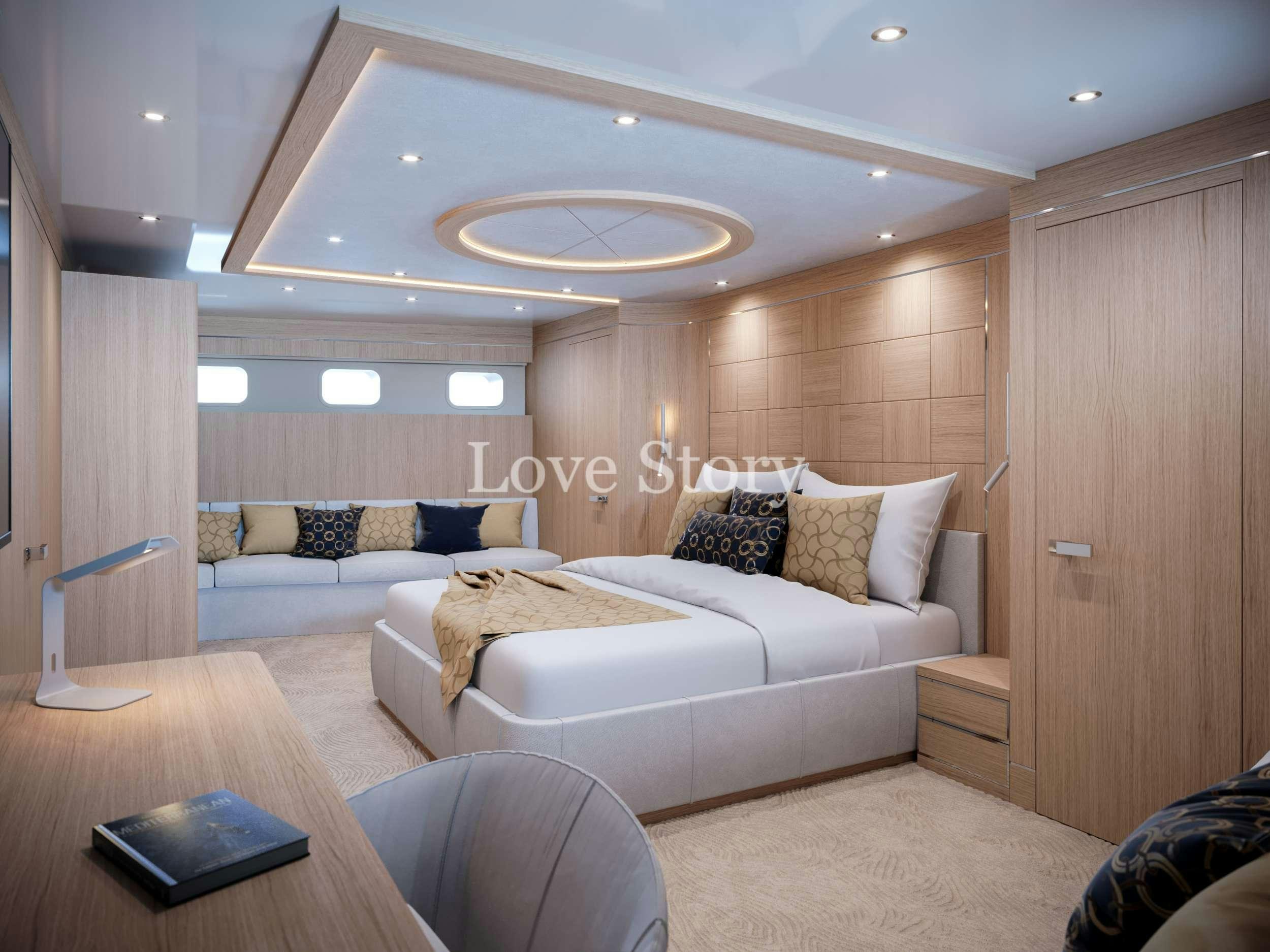 a room with a bed and a desk aboard LOVE STORY Yacht for Charter