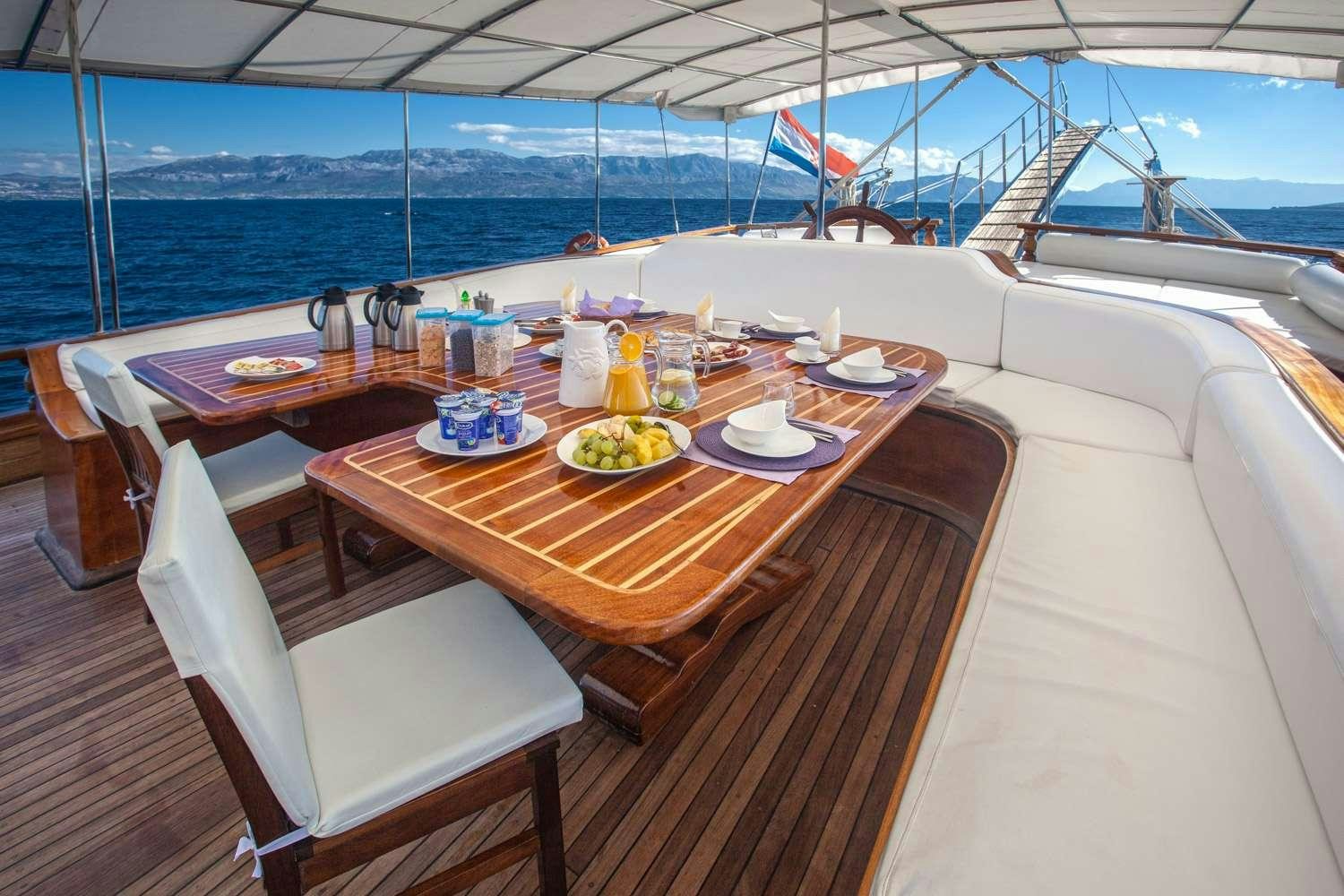 a table with plates and food on it aboard STELLA MARIS Yacht for Charter