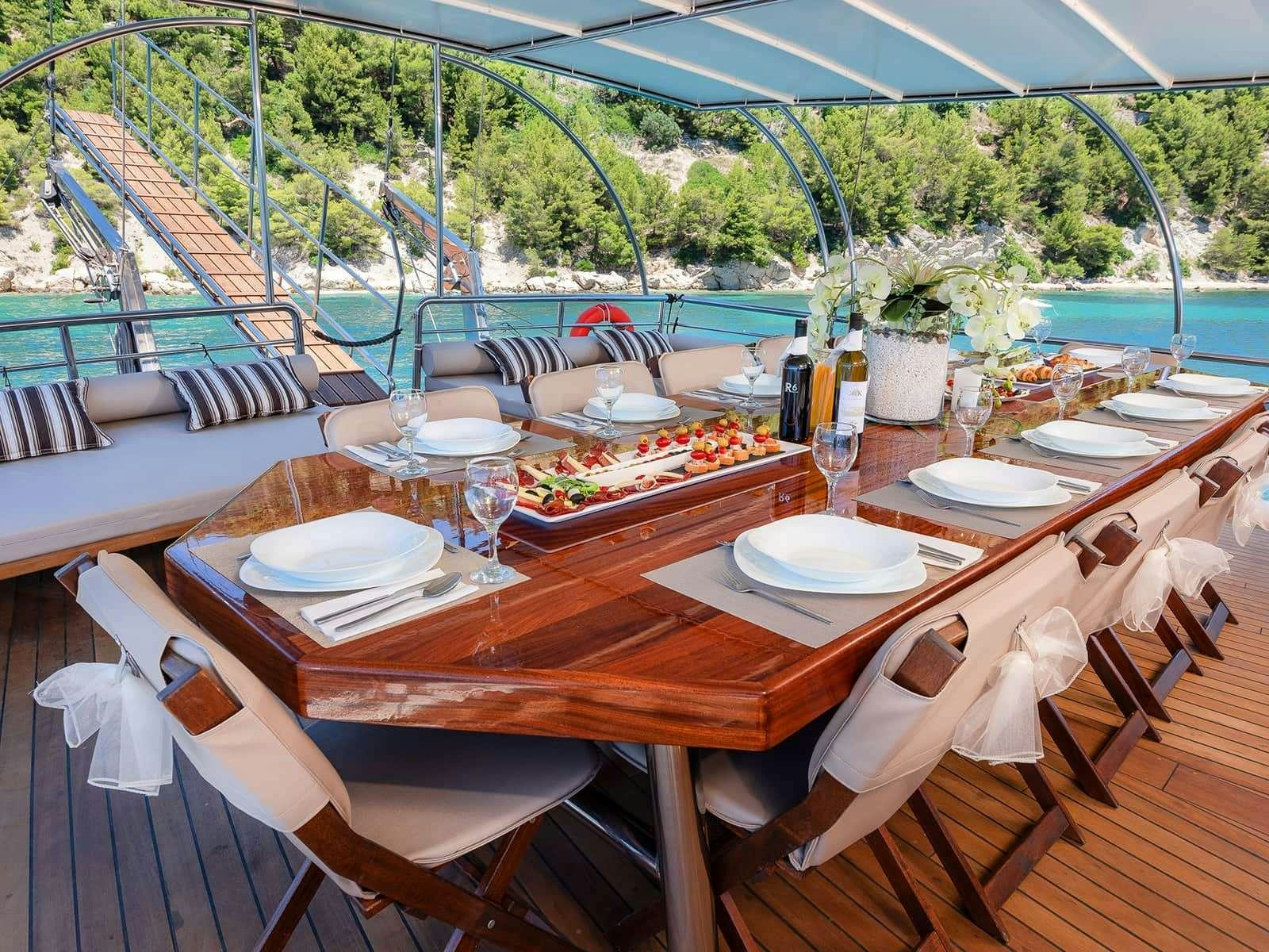 a table set with plates and glasses aboard Gulet Nautilus Yacht for Charter