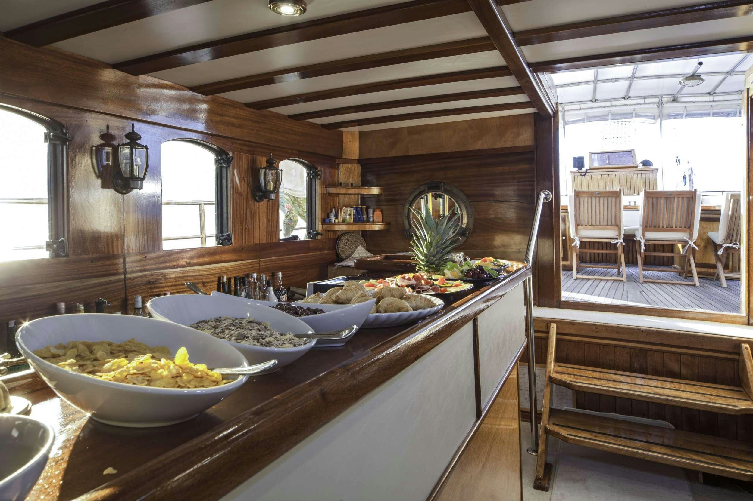 a kitchen with a table full of food aboard LIBRA Yacht for Charter