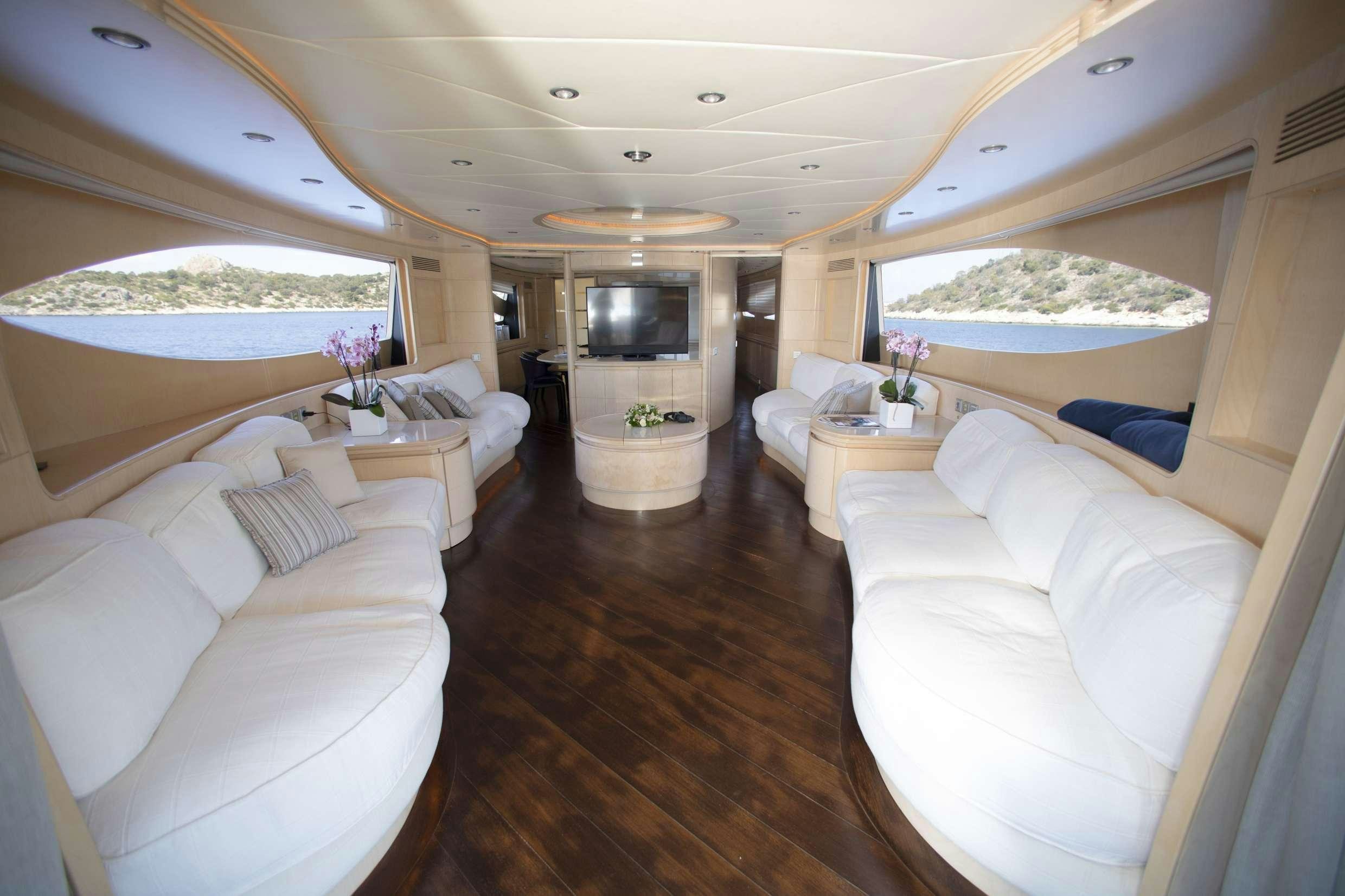a living room with a large window aboard PRINCESS L Yacht for Charter