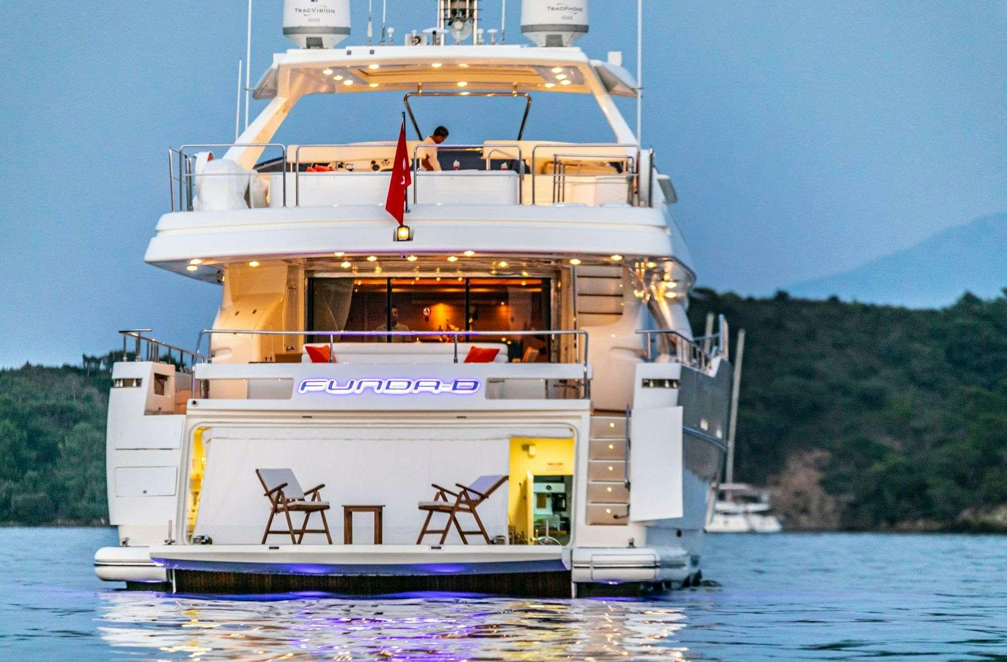 a large white boat on the water aboard FUNDA D Yacht for Charter