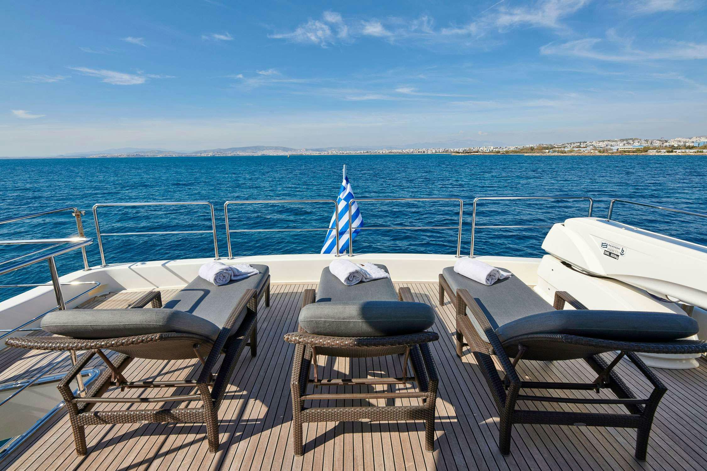 a boat dock with chairs and a couple of chairs on it aboard SEVEN S Yacht for Charter