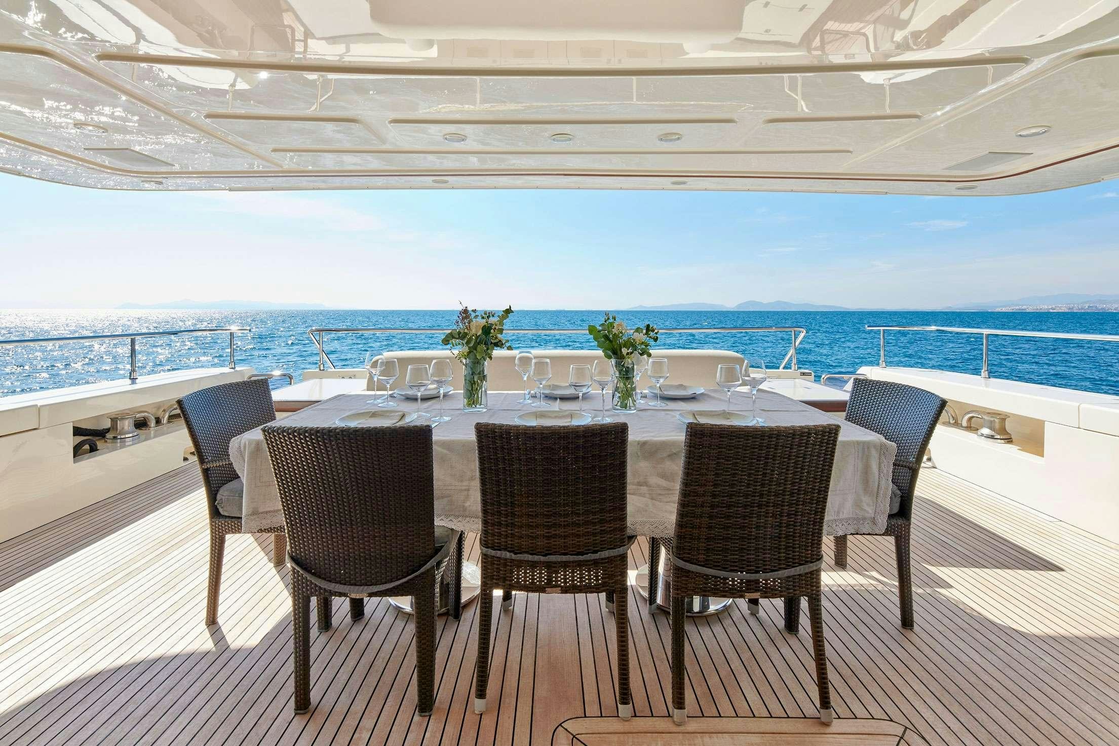 a table set for a dinner aboard SEVEN S Yacht for Charter