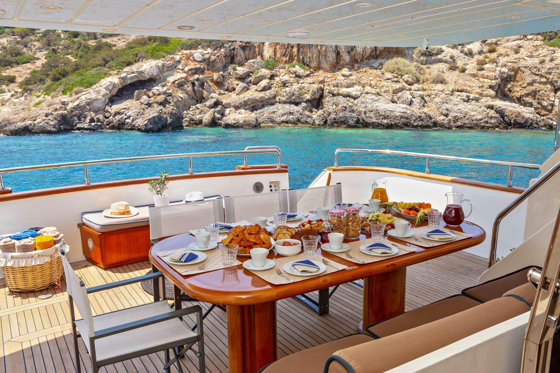 a table set for a meal on a boat aboard EFMARIA Yacht for Charter