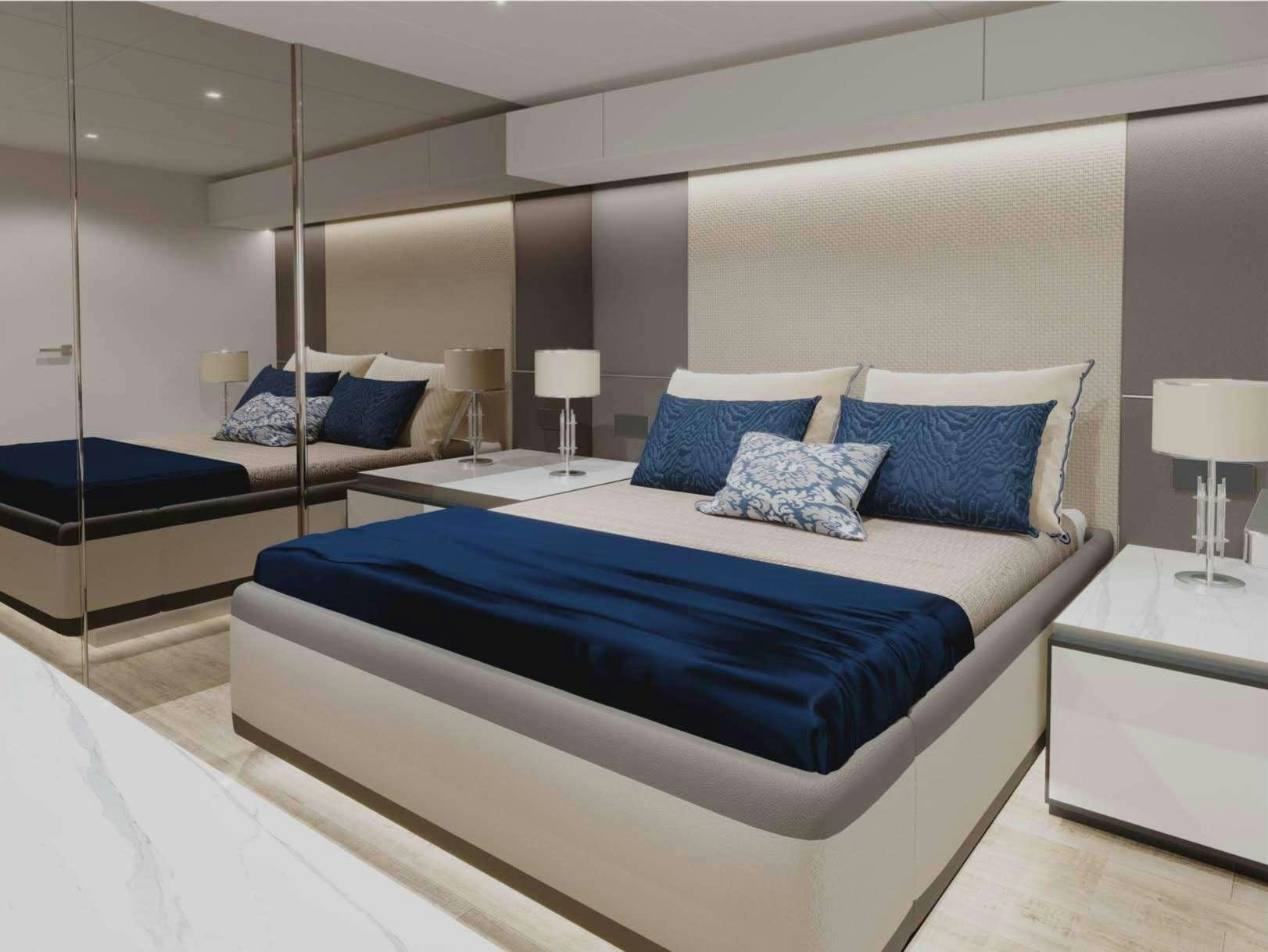 a modern bedroom with a blue bed aboard GENNY Yacht for Charter