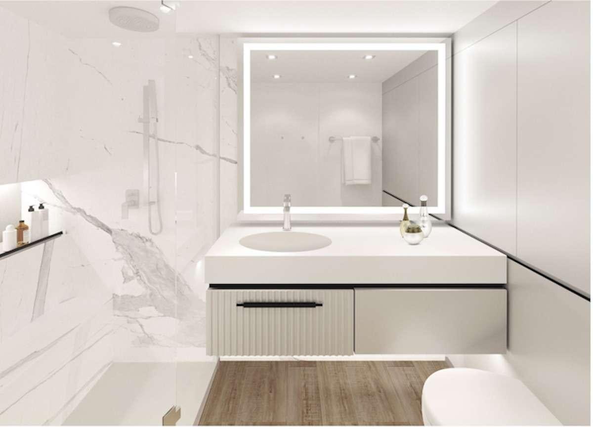 a bathroom with a large mirror aboard GENNY Yacht for Charter