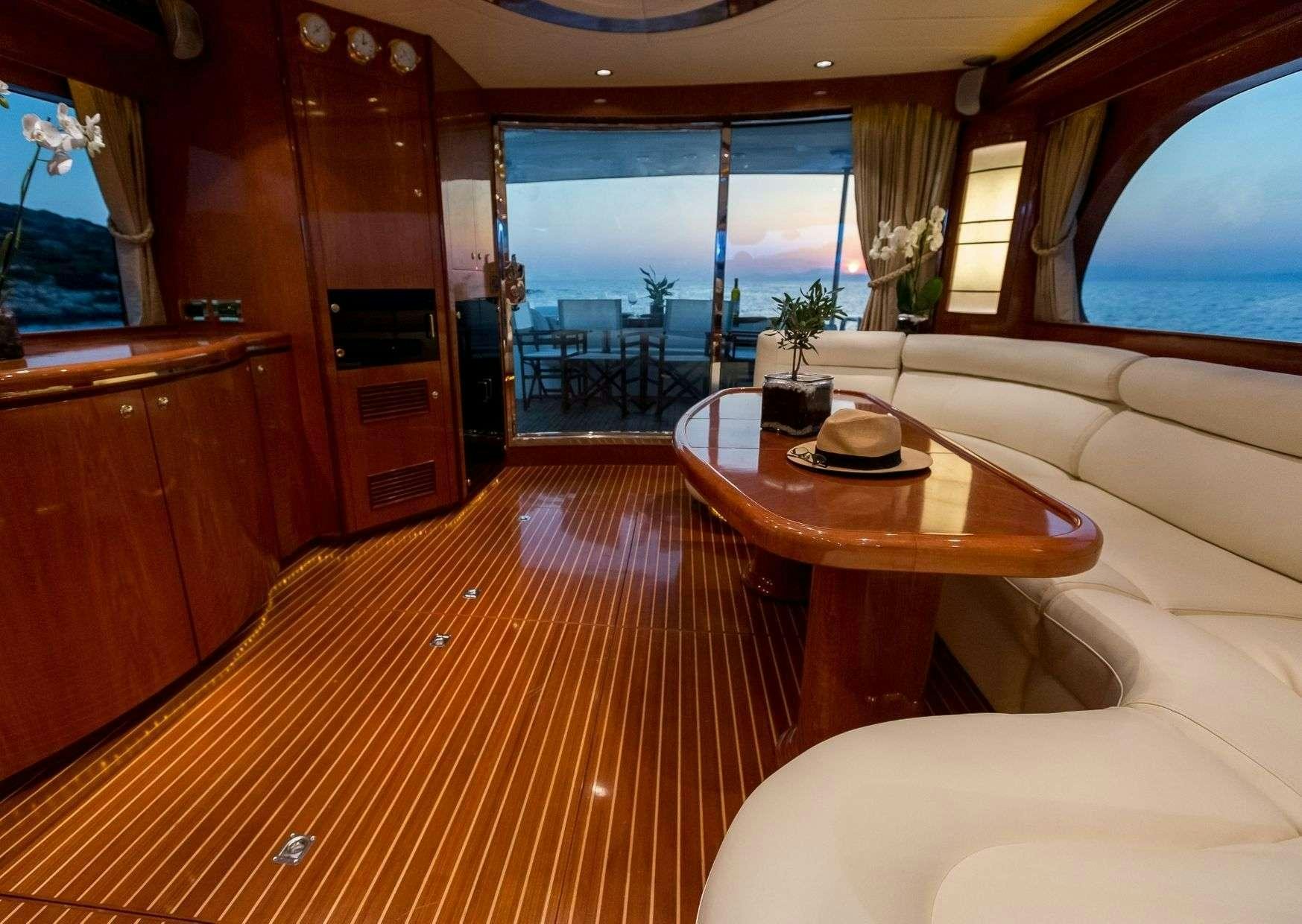 a living room with a table and couches aboard MARLIN Yacht for Charter