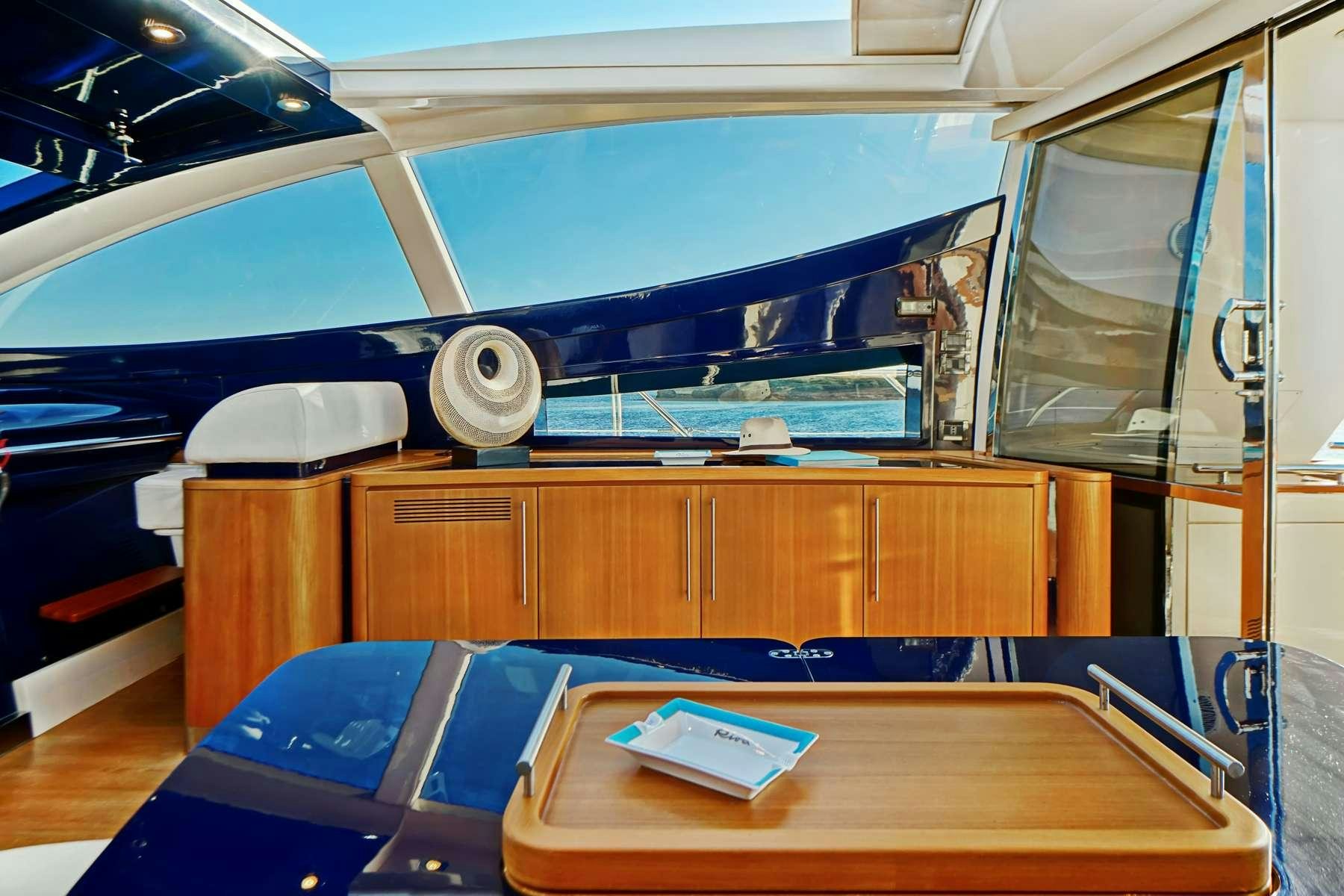 a large room with a large blue screen aboard SEA U Yacht for Charter
