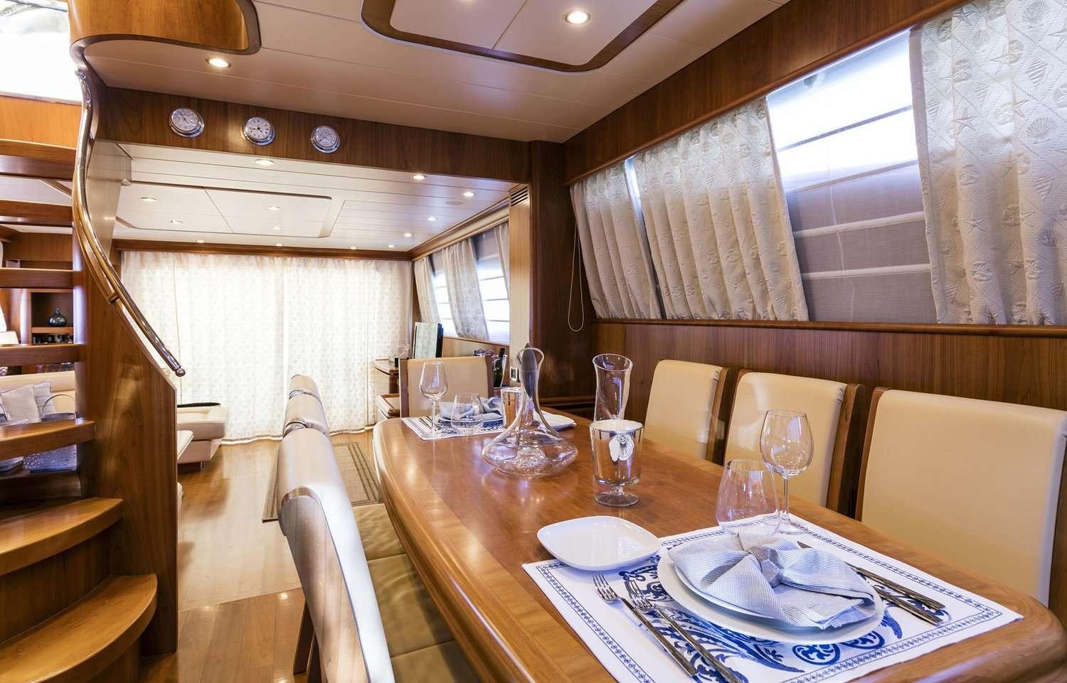a dining table with a plate and glasses on it aboard GORGEOUS Yacht for Charter
