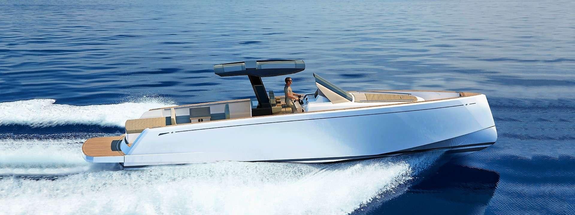 a white boat with a person sitting on it aboard BABY D Yacht for Charter