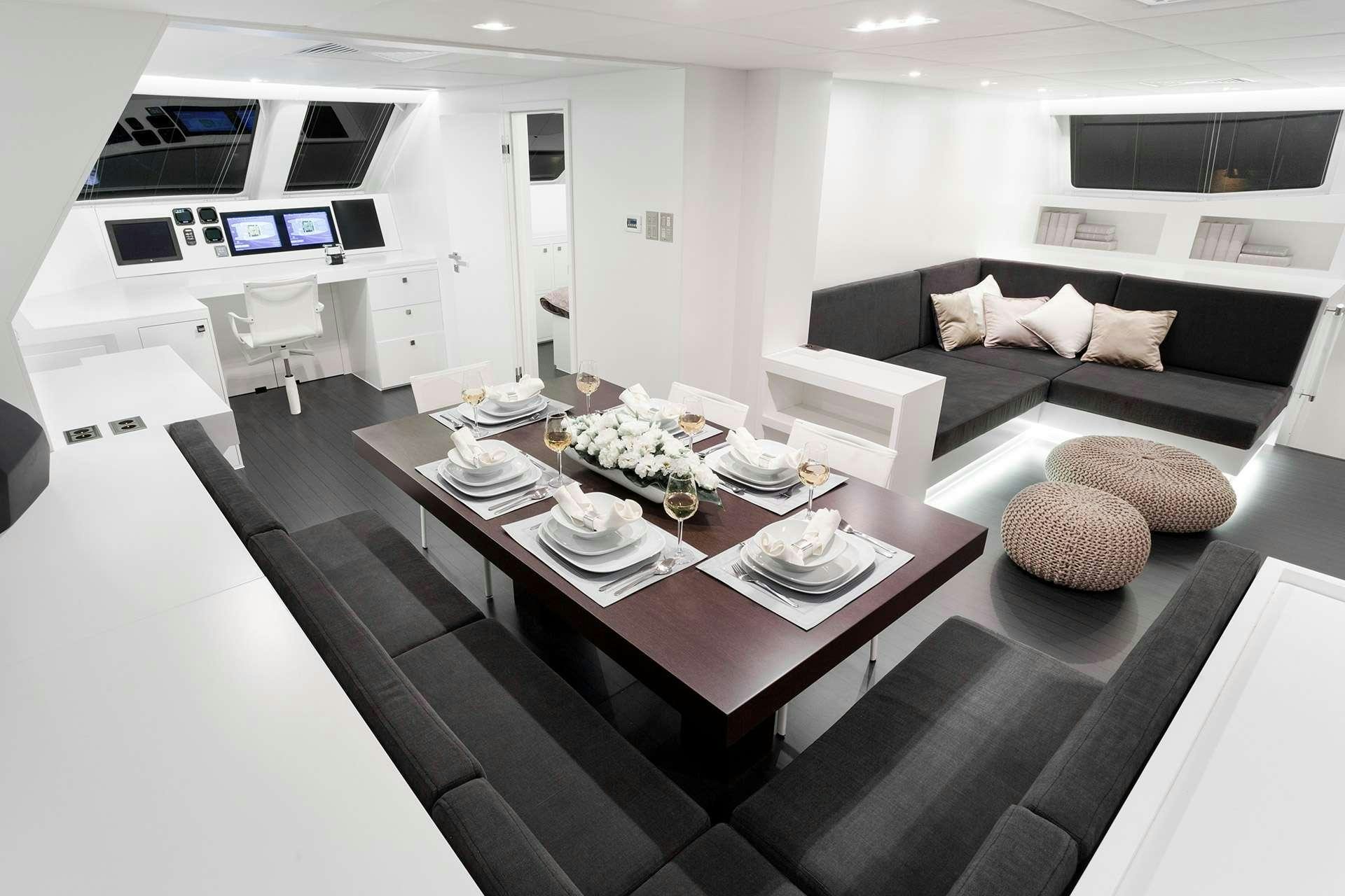 a modern looking living room aboard LEVANTE Yacht for Charter
