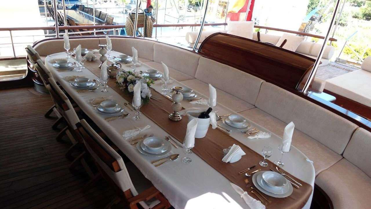 a table with plates and glasses on it aboard M/S E.ARDA DENIZ Yacht for Charter