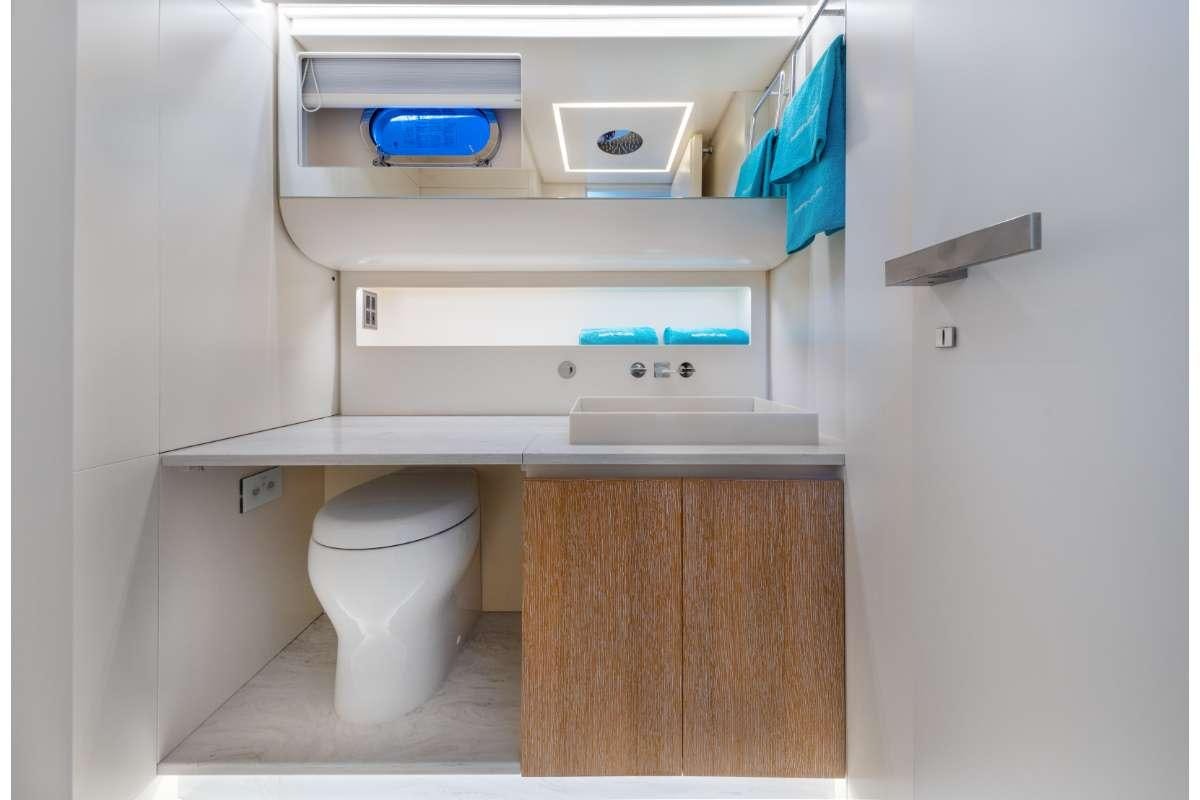 a toilet with a sink and a shelf aboard JANINA Yacht for Charter