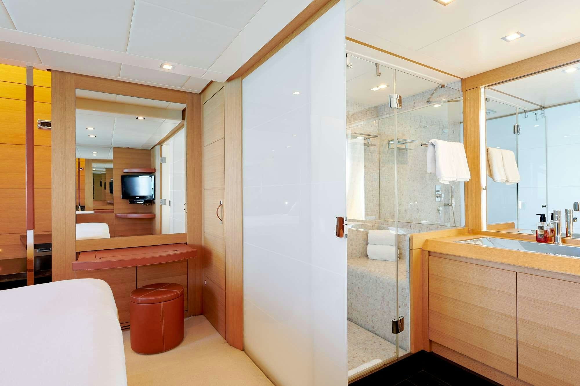 a bathroom with a shower and a sink aboard HALLEY Yacht for Charter