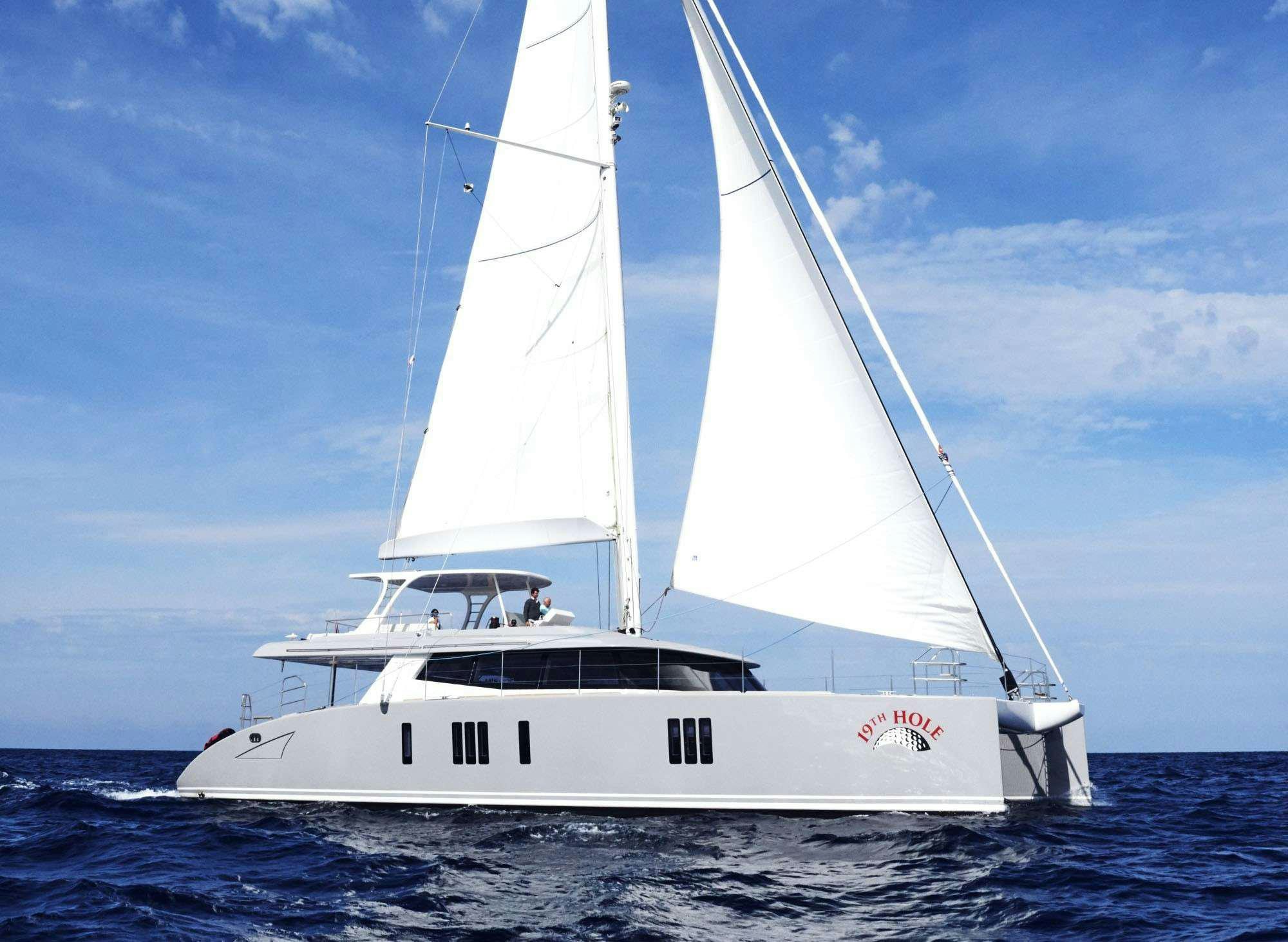 a white boat in the water aboard 19TH HOLE Yacht for Charter