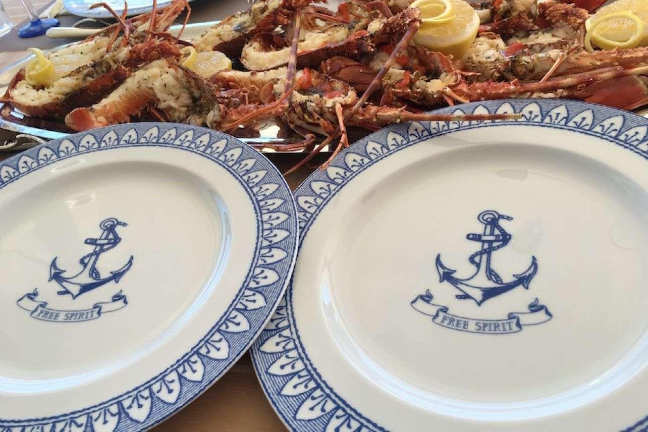 a plate of food aboard Free Spirit Yacht for Charter