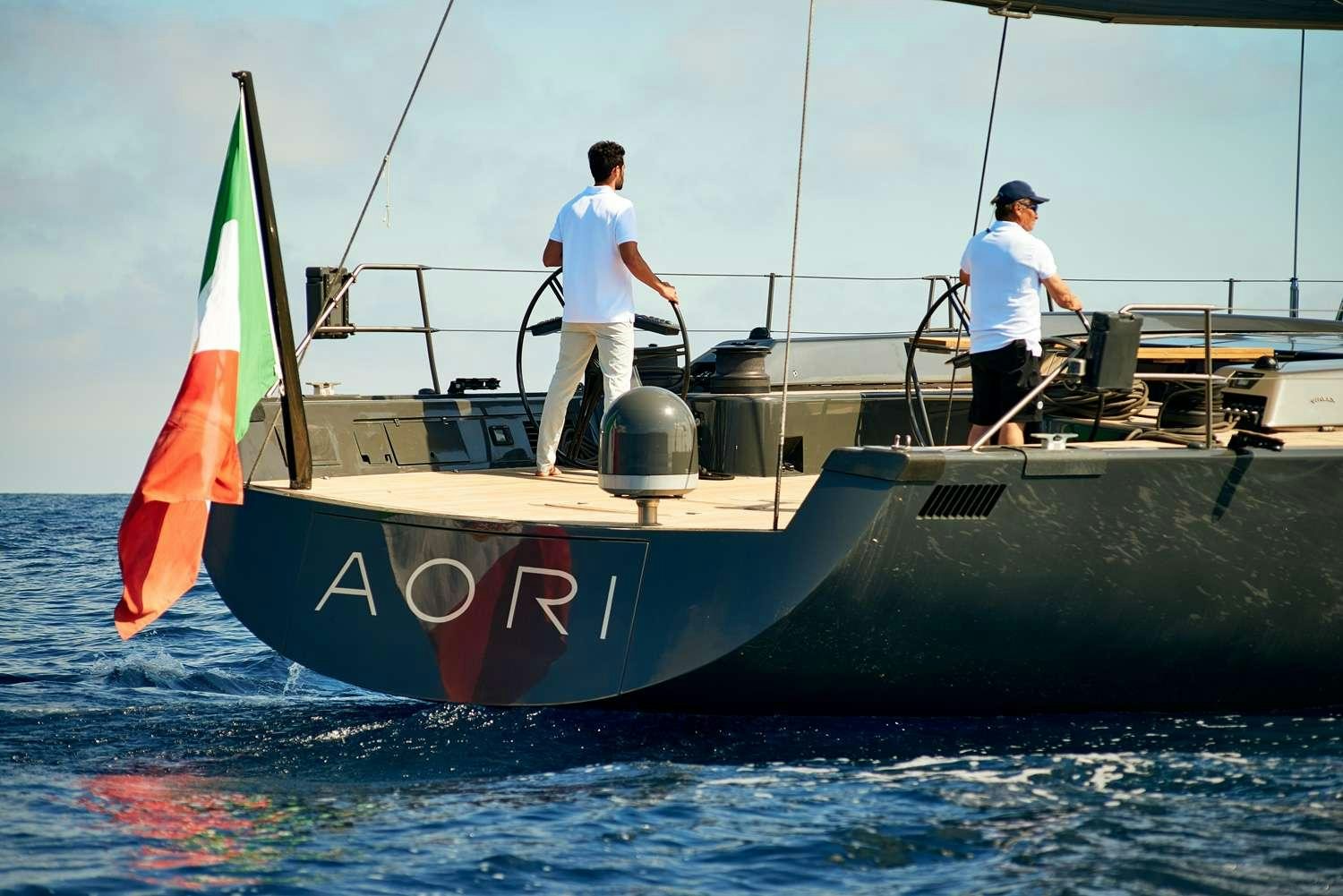 two men on a boat aboard AORI Yacht for Charter