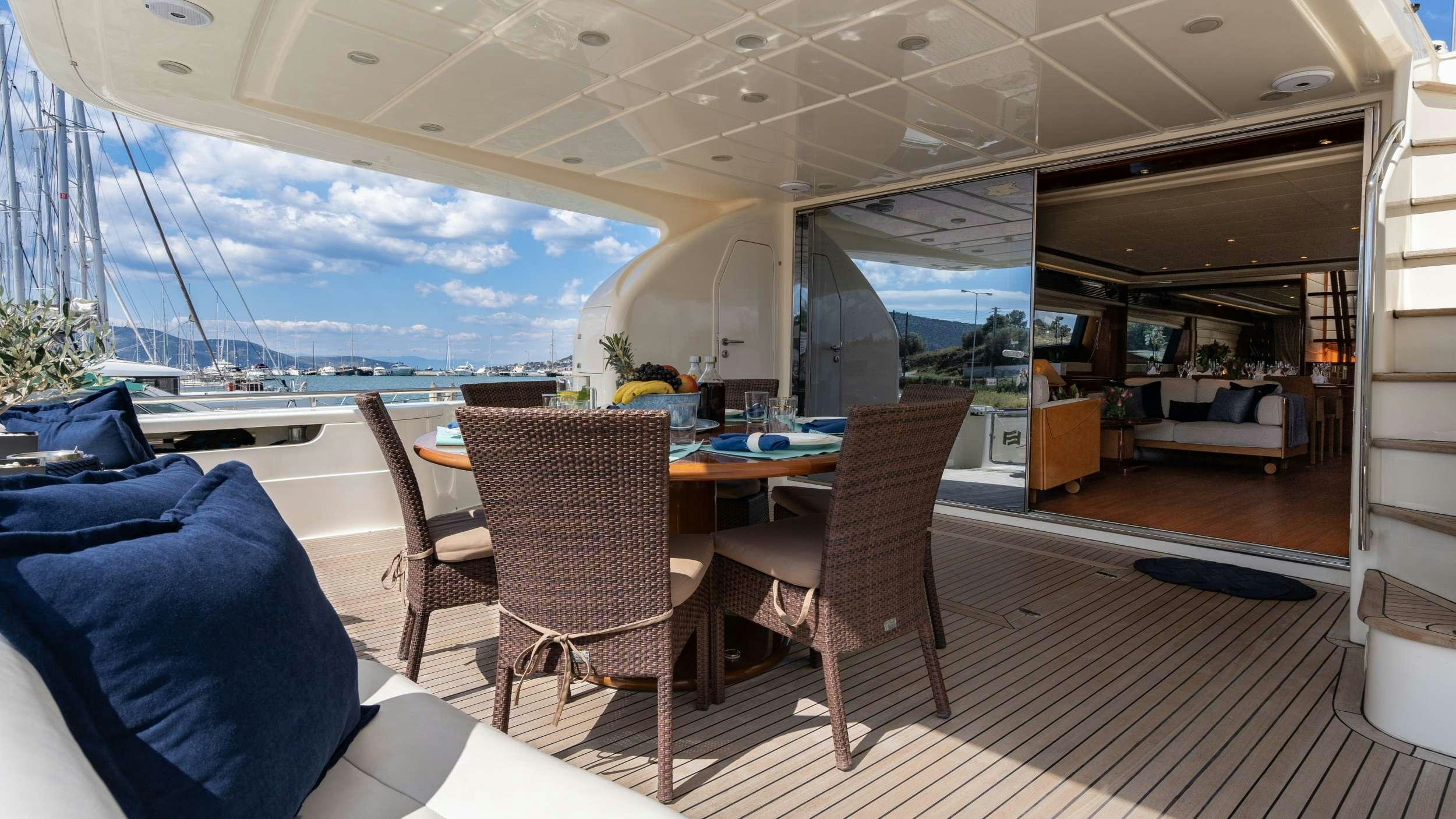 a room with a table chairs and a view of the ocean aboard ESTIA YI Yacht for Charter