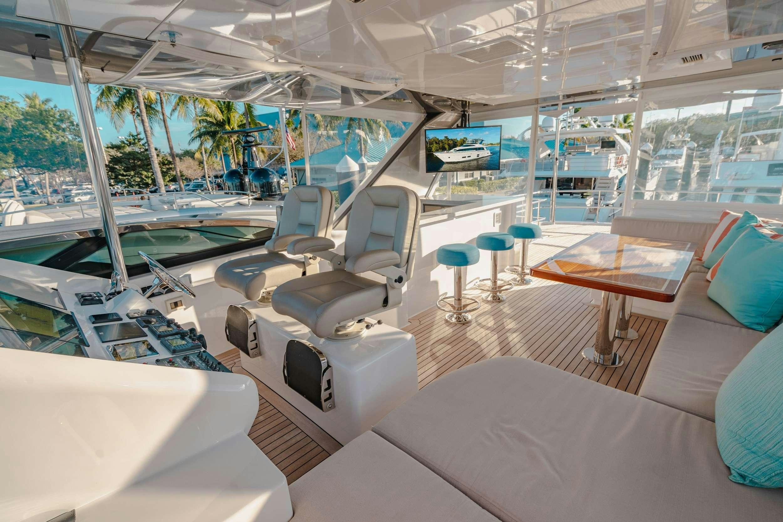 inside of a building with a large window and a table with chairs and a large window aboard BELLA SKY Yacht for Charter