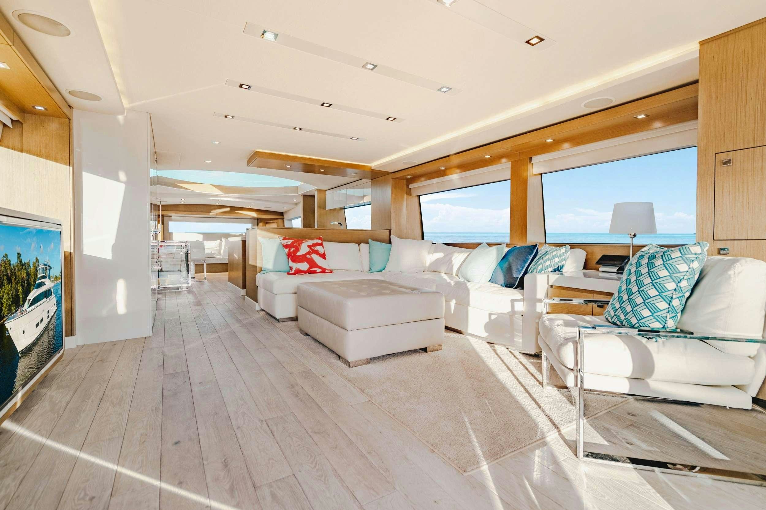 a living room with a large window aboard BELLA SKY Yacht for Charter