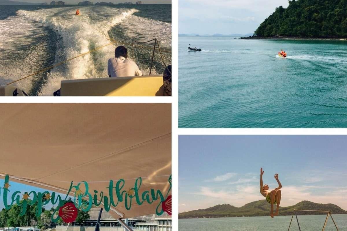 a collage of photos of a person jumping into the water aboard 137 PILLARS SPIRIT Yacht for Charter