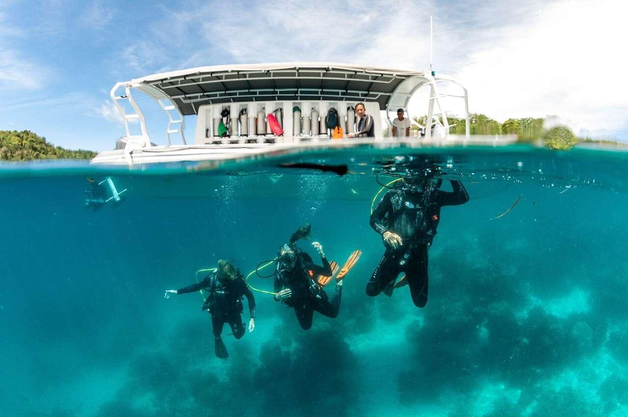 a group of scuba divers in the water aboard MERIDIAN ADVENTURE - RAJA AMPAT Yacht for Charter