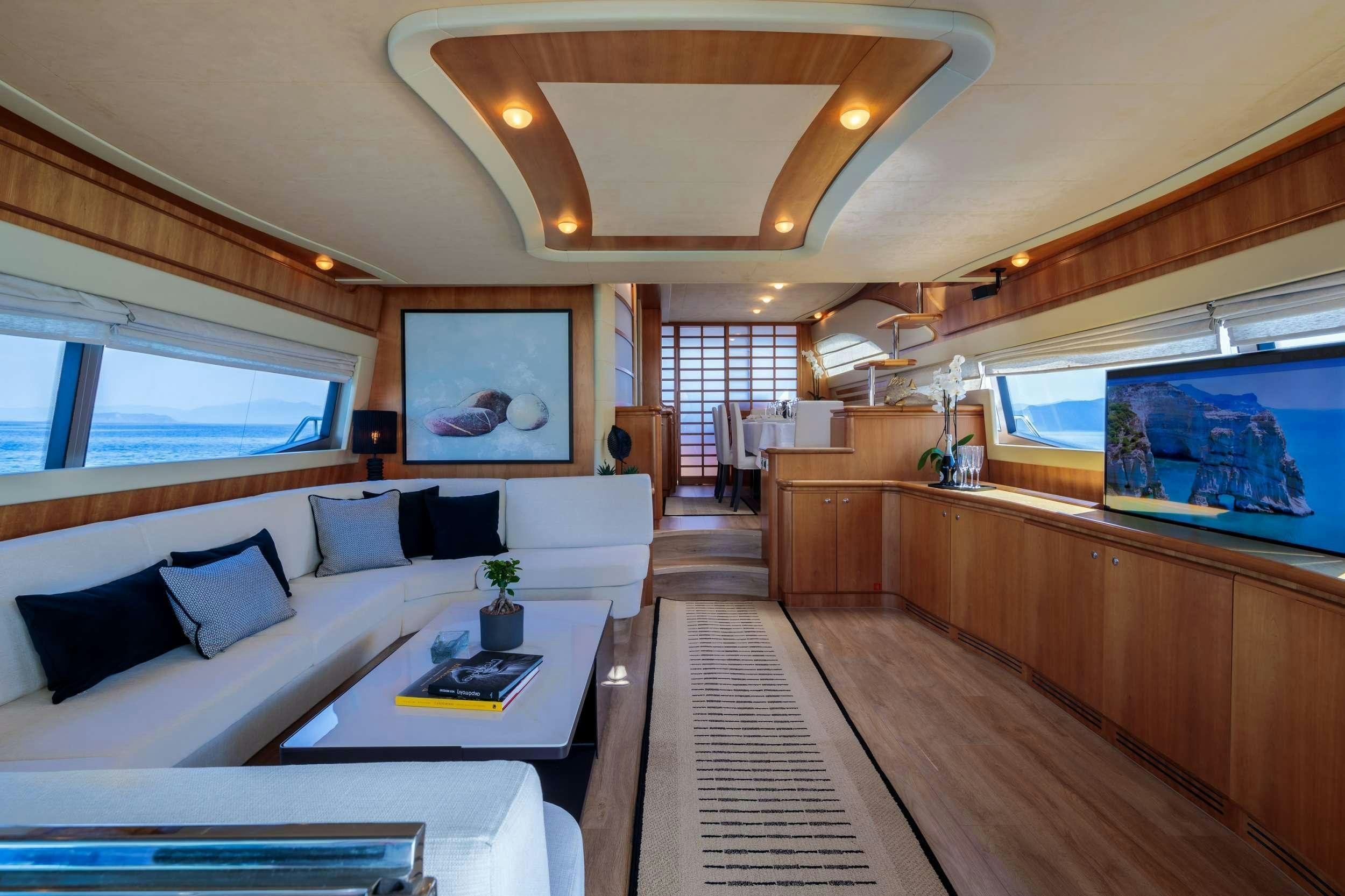 a living room with a large window aboard MY WAY Yacht for Charter