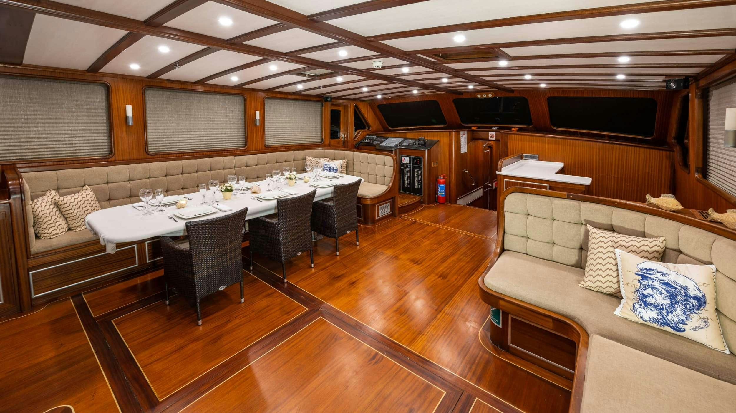 a large living room with a table and chairs aboard ESTRELLA DE MAR Yacht for Charter