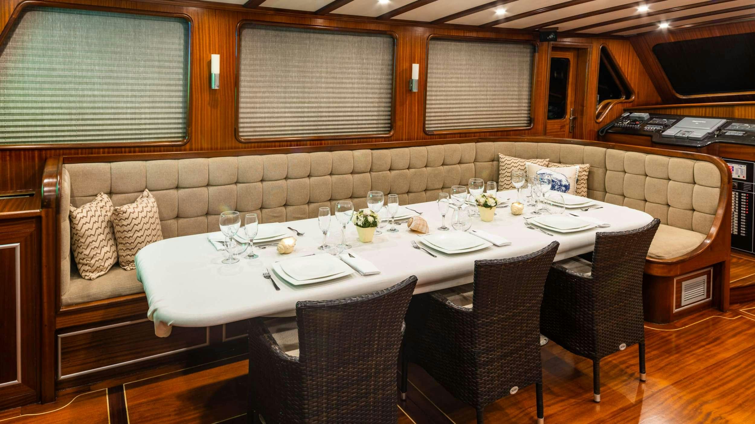 a dining table set for a dinner aboard ESTRELLA DE MAR Yacht for Charter