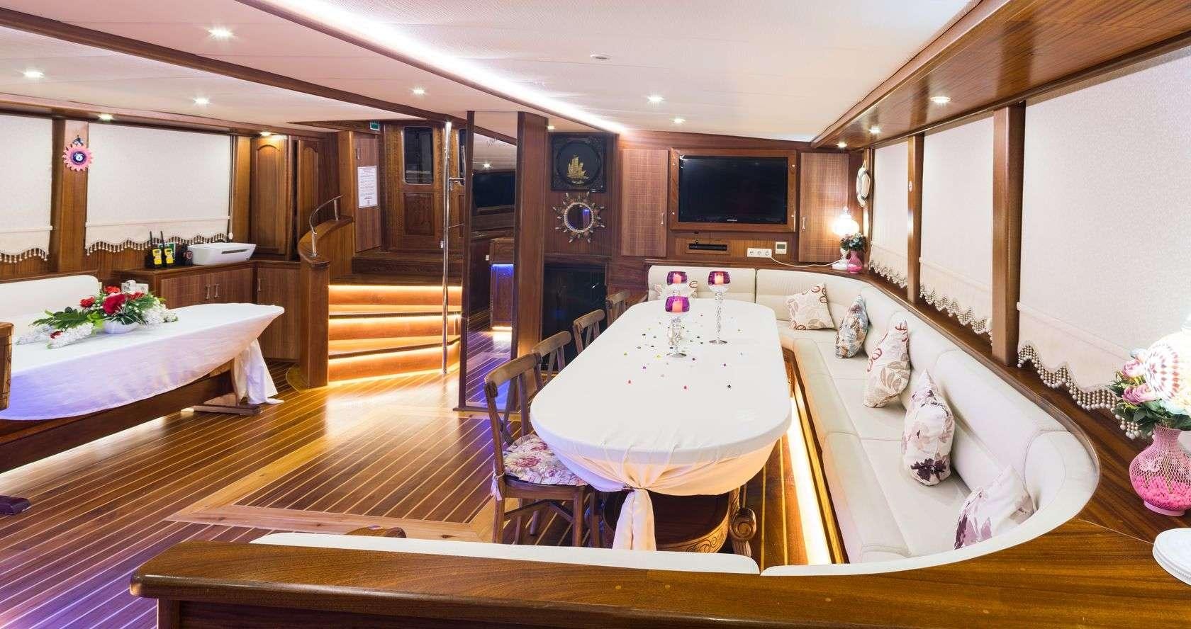 a large room with a table and chairs aboard S NUR TAYLAN Yacht for Charter