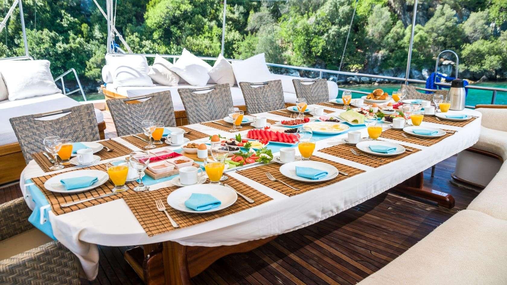 a table set with plates and food aboard S NUR TAYLAN Yacht for Charter