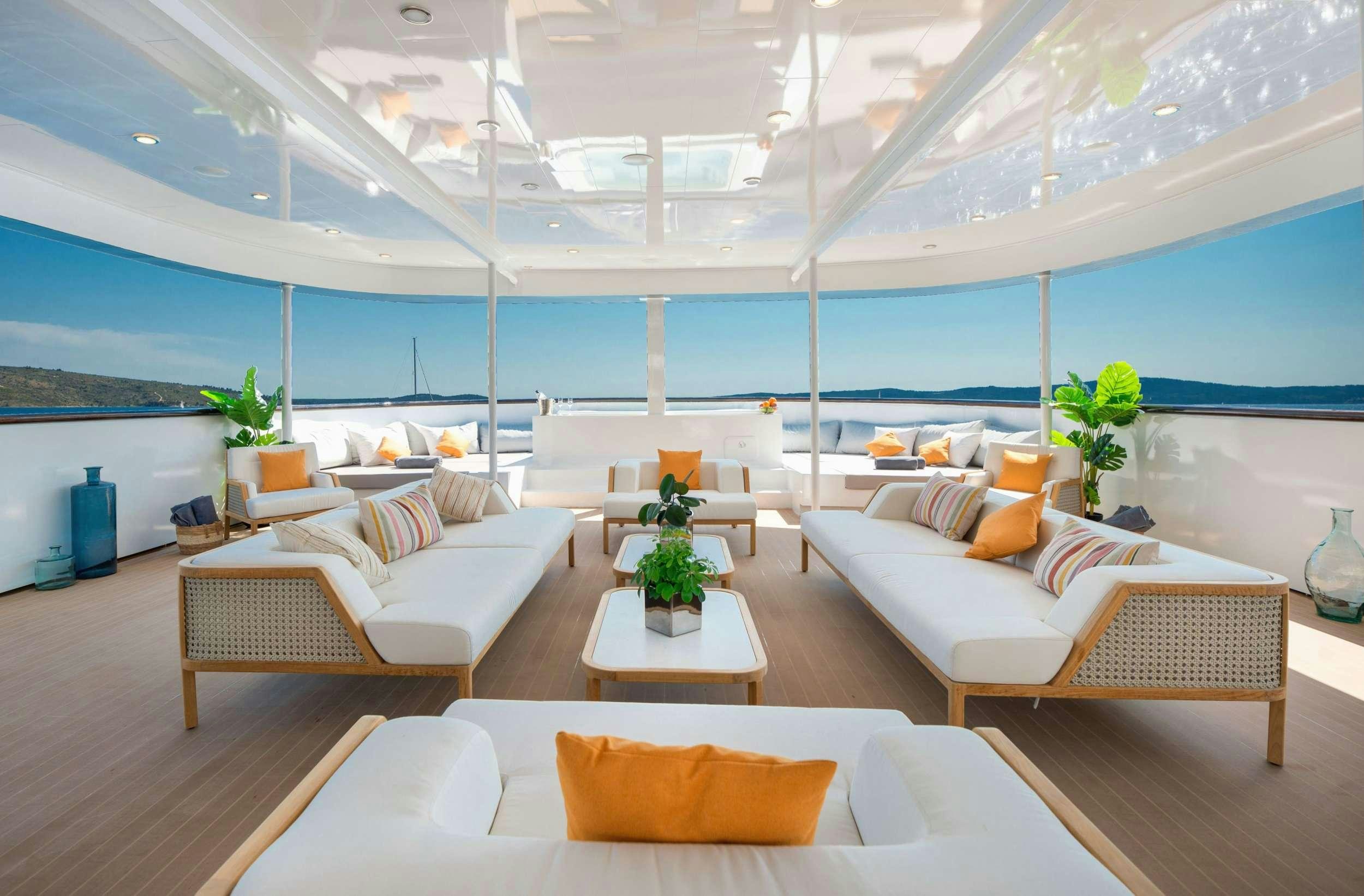 a room with couches and tables aboard AGAPE ROSE Yacht for Charter