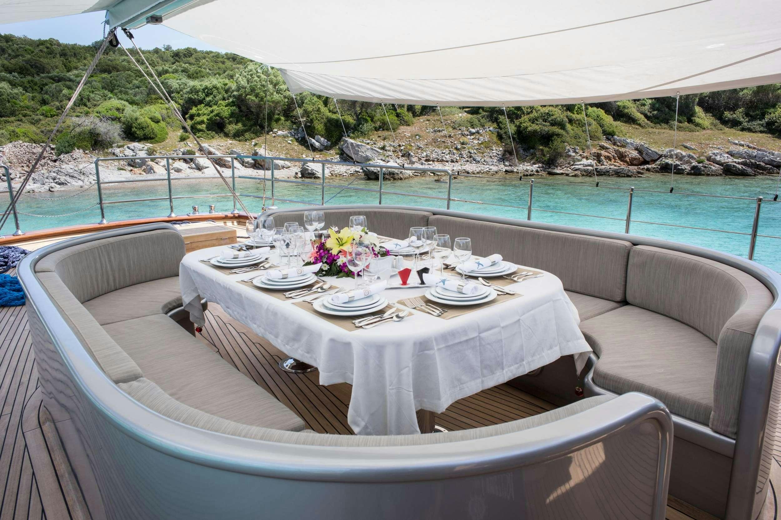 a table set for a dinner on a beach aboard LE PIETRE Yacht for Charter