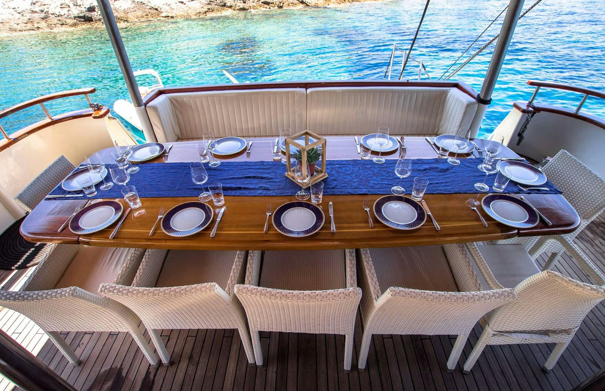 a table set for a dinner on a boat aboard KORAB Yacht for Charter