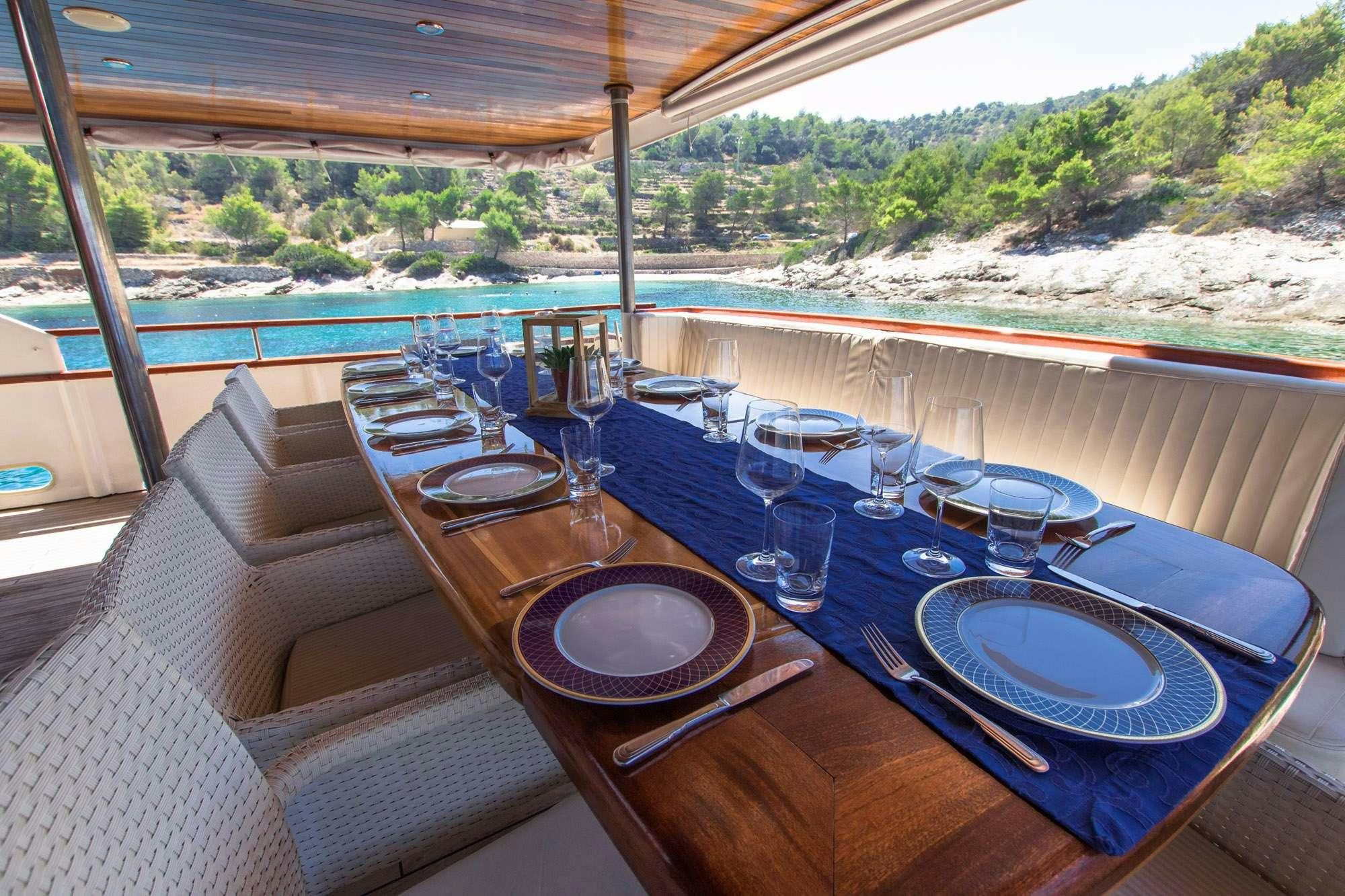 a table set for a meal aboard KORAB Yacht for Charter