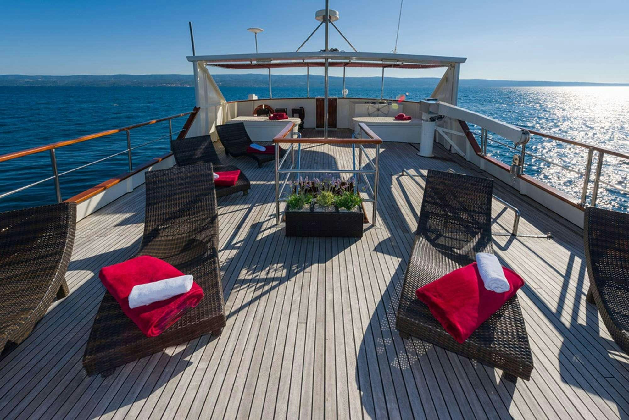 a deck with chairs and a body of water aboard KORAB Yacht for Charter