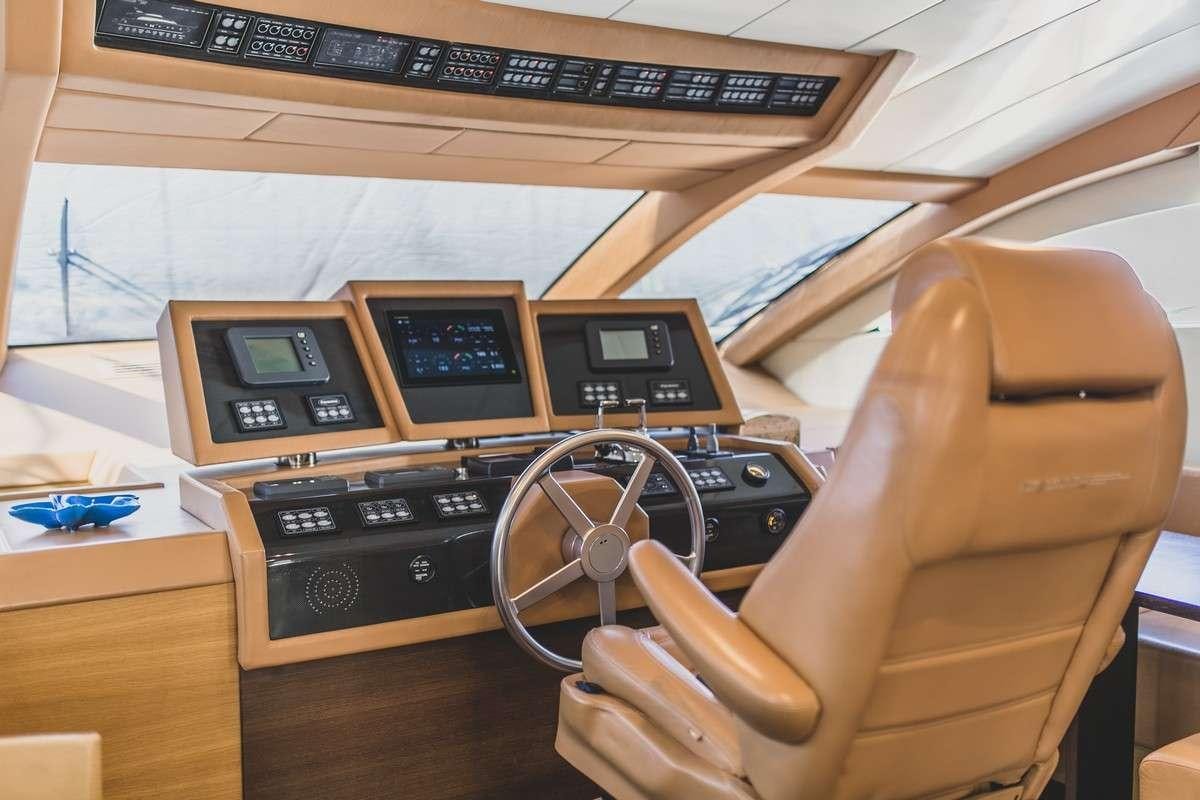a person wearing a leather jacket and sunglasses sitting in a cockpit aboard MISS CAROLINA Yacht for Charter