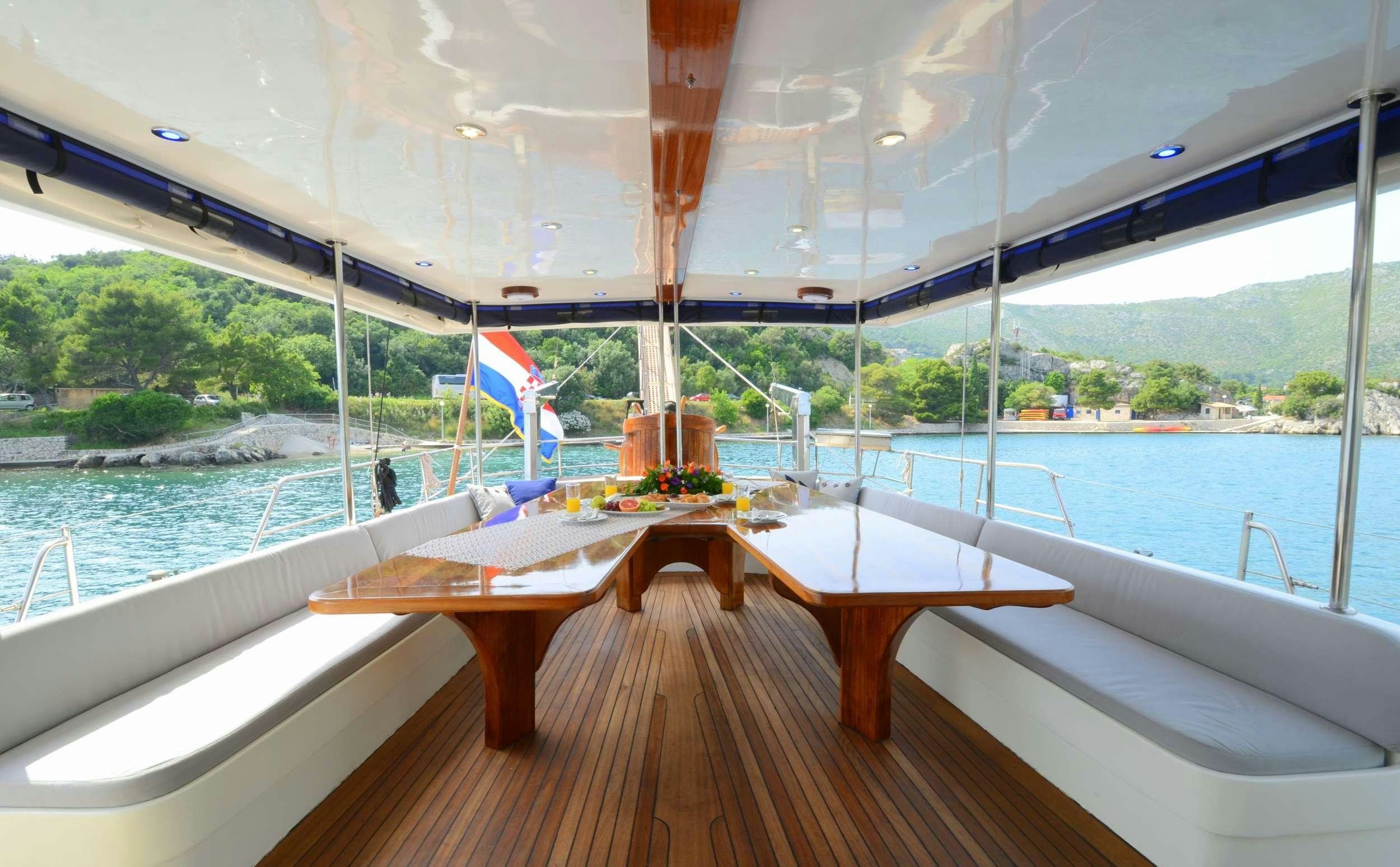 a room with a table and chairs aboard FORTUNA Yacht for Charter