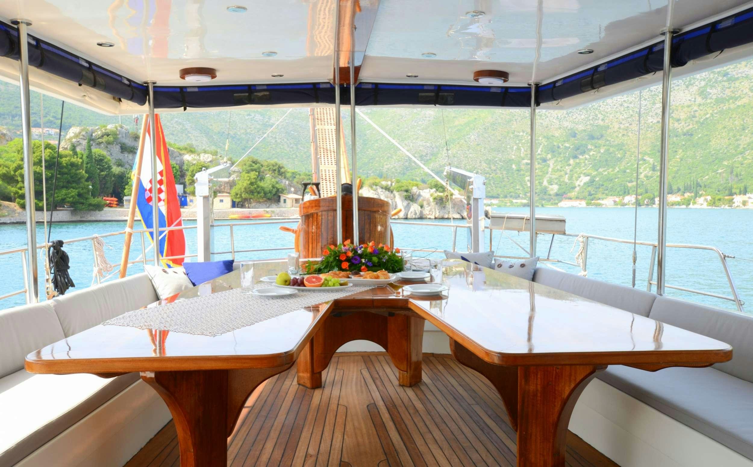 a room with tables and chairs aboard FORTUNA Yacht for Charter