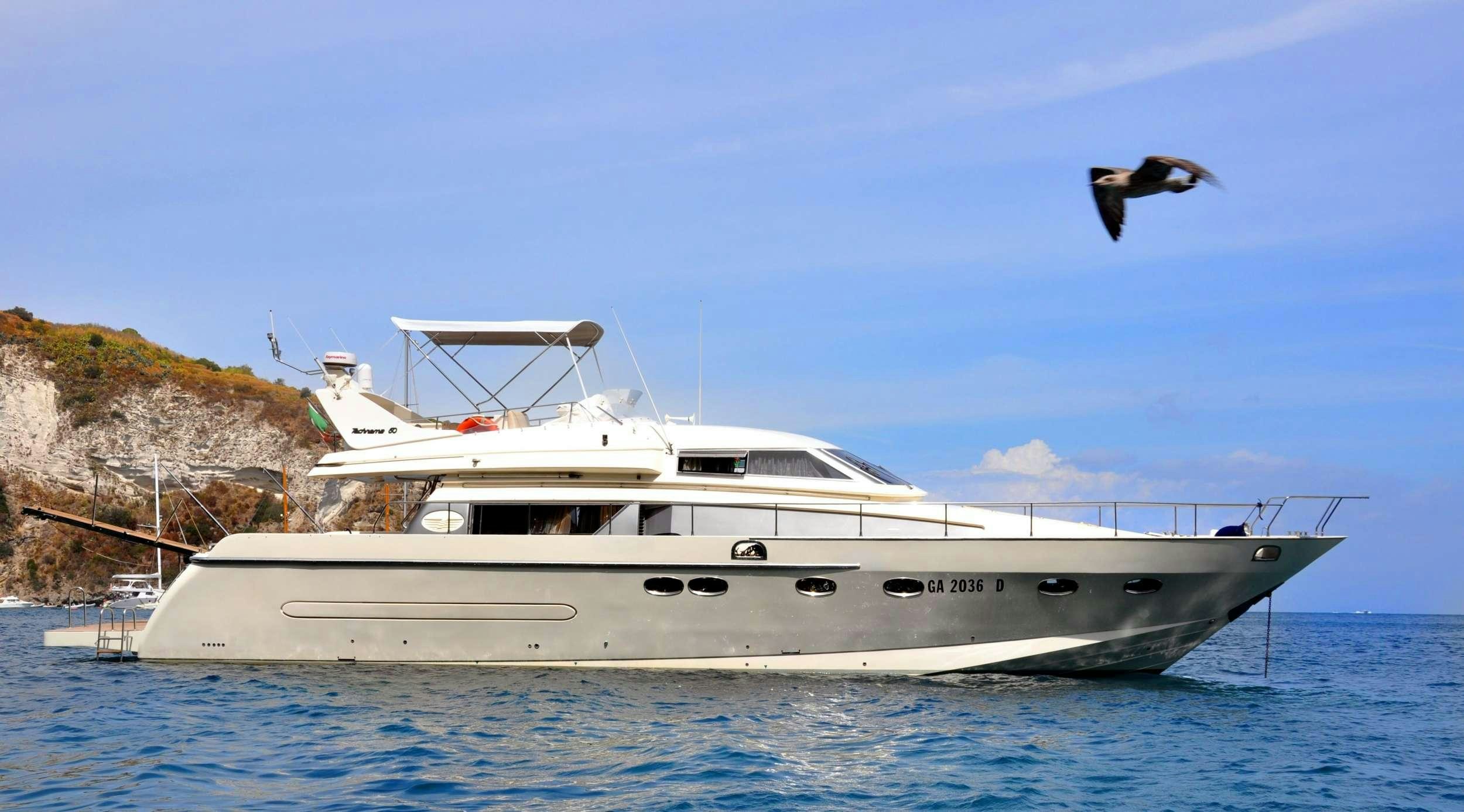 a bird flying over a boat aboard Boomerang II Yacht for Charter