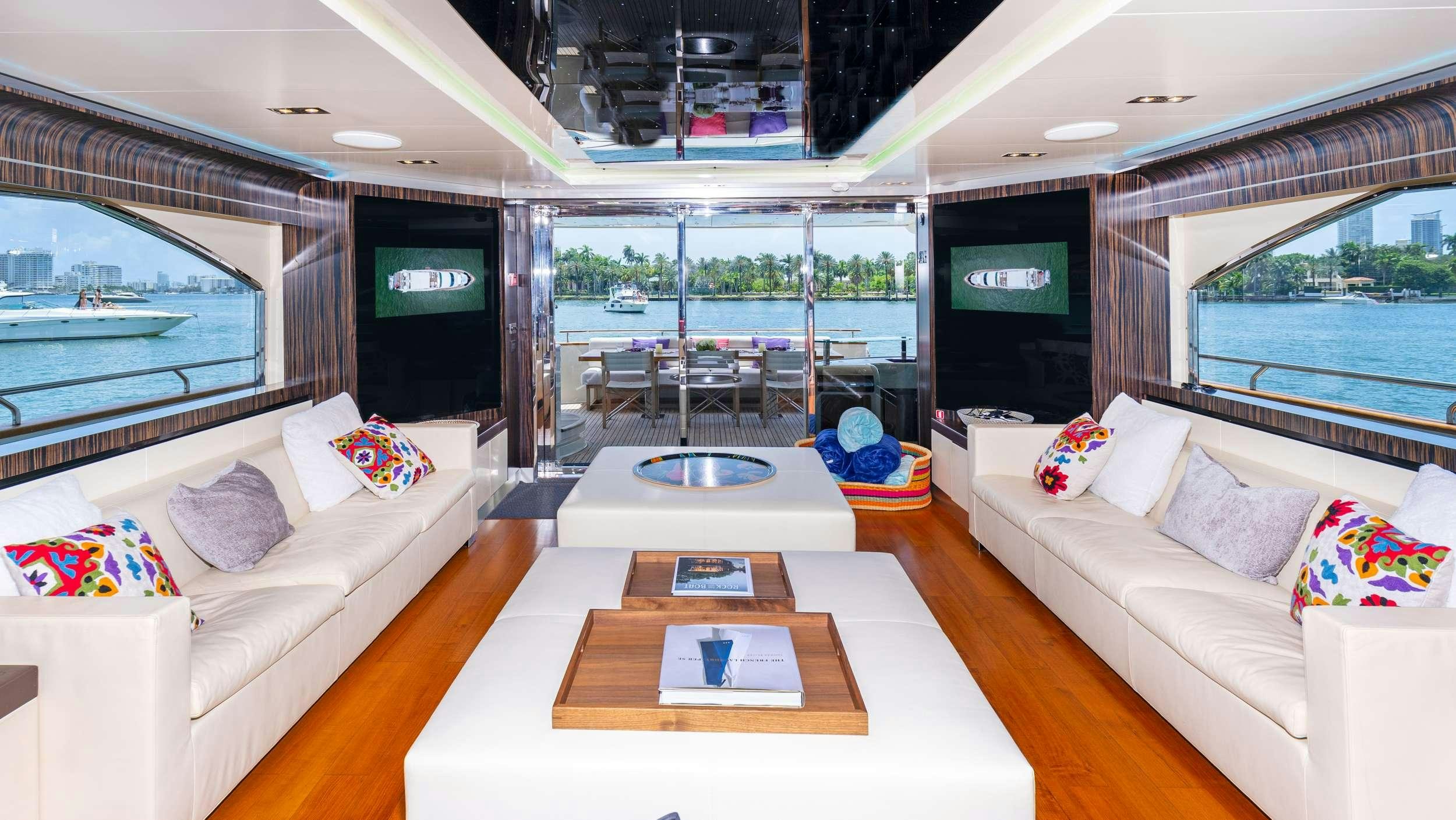 a living room with a large glass window aboard CASUAL Yacht for Charter