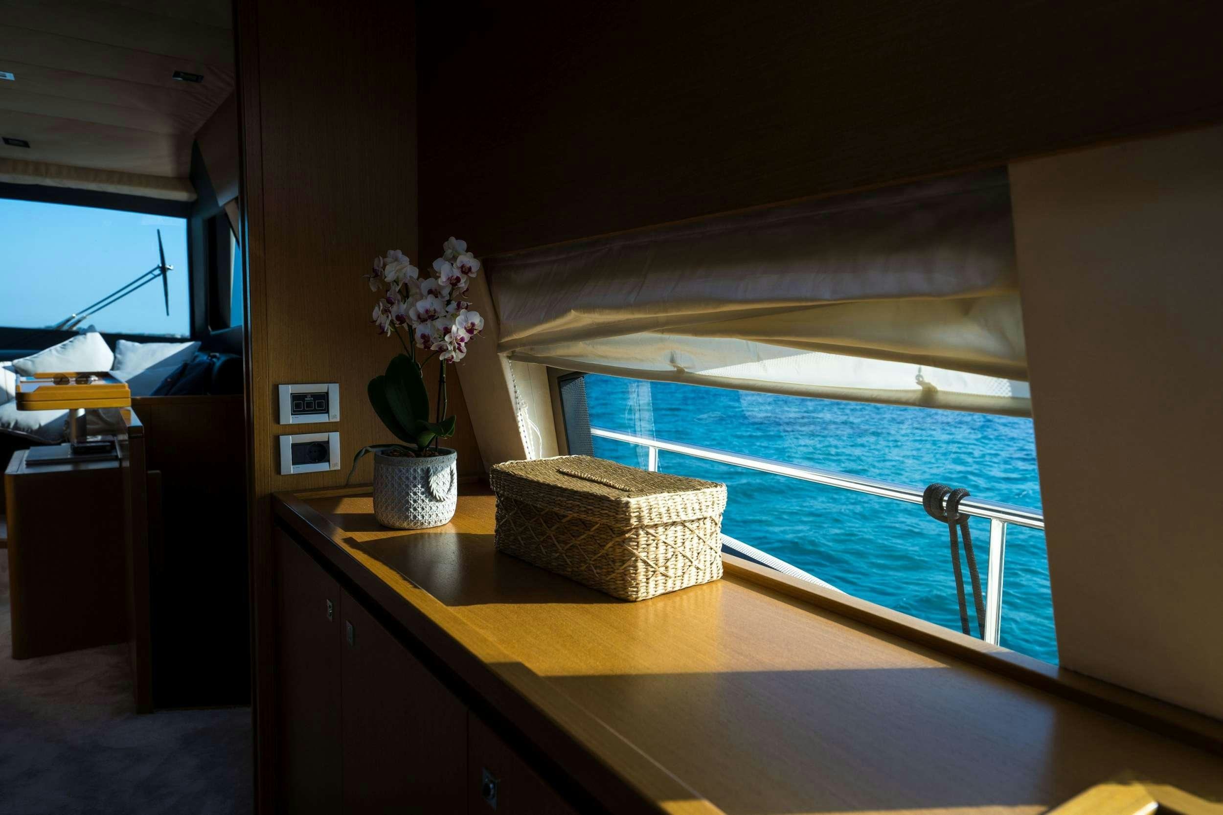 a room with a table and a window aboard NINETEEN Yacht for Charter