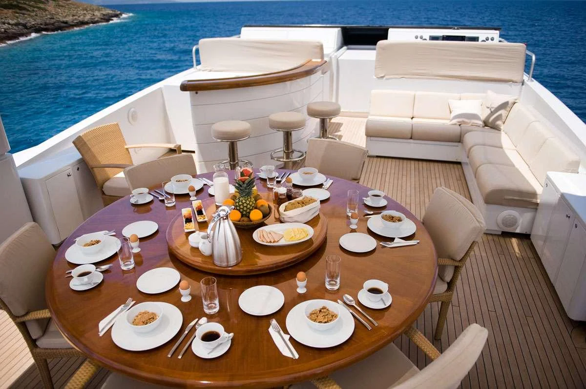 a table with plates and food on it aboard LOANA Yacht for Charter