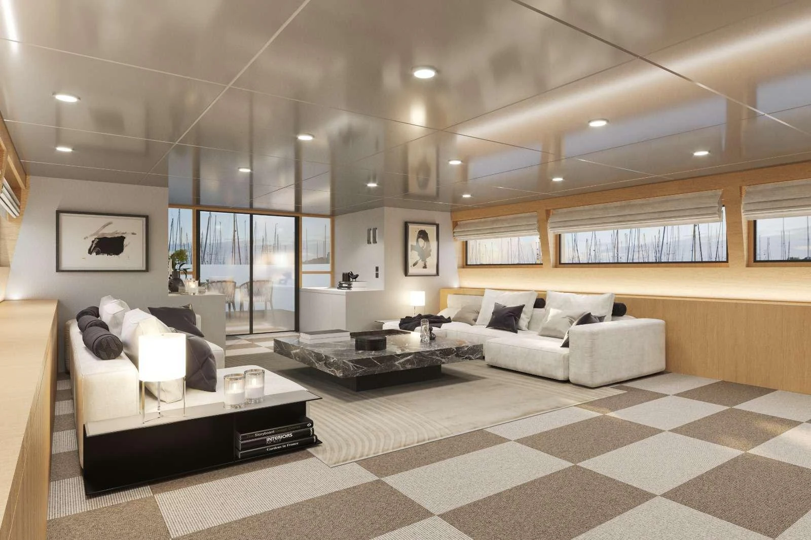 a large room with couches and a table aboard LOANA Yacht for Charter