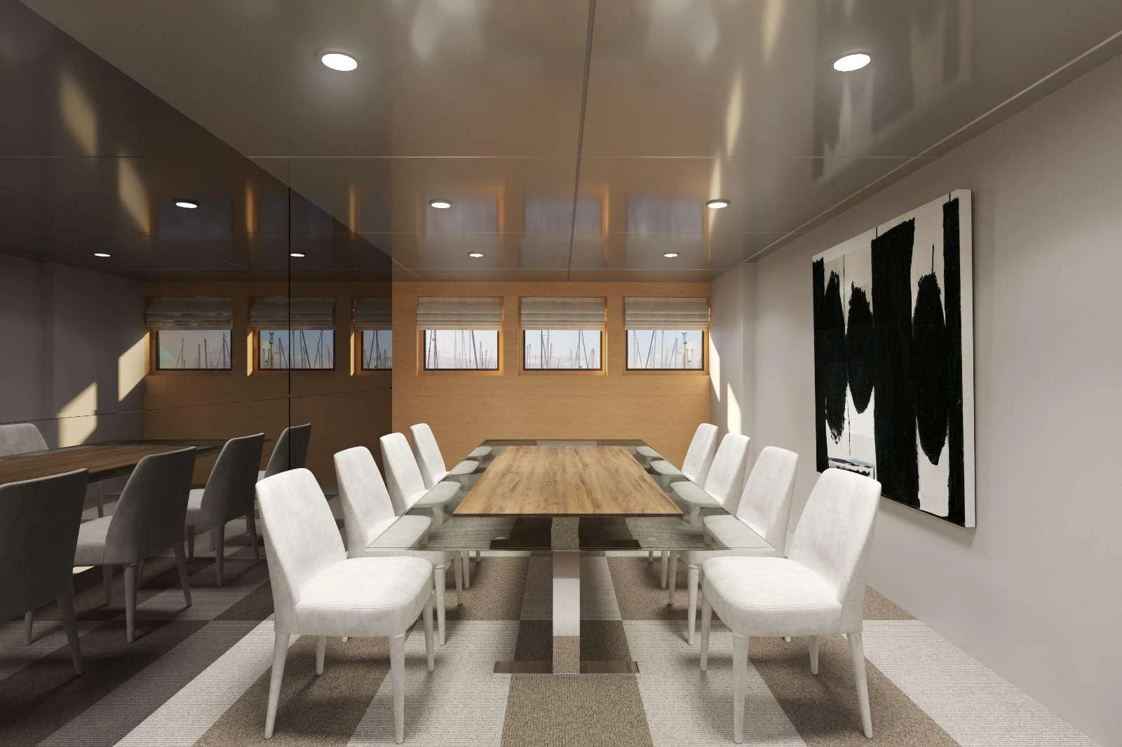 a room with chairs and tables aboard LOANA Yacht for Charter